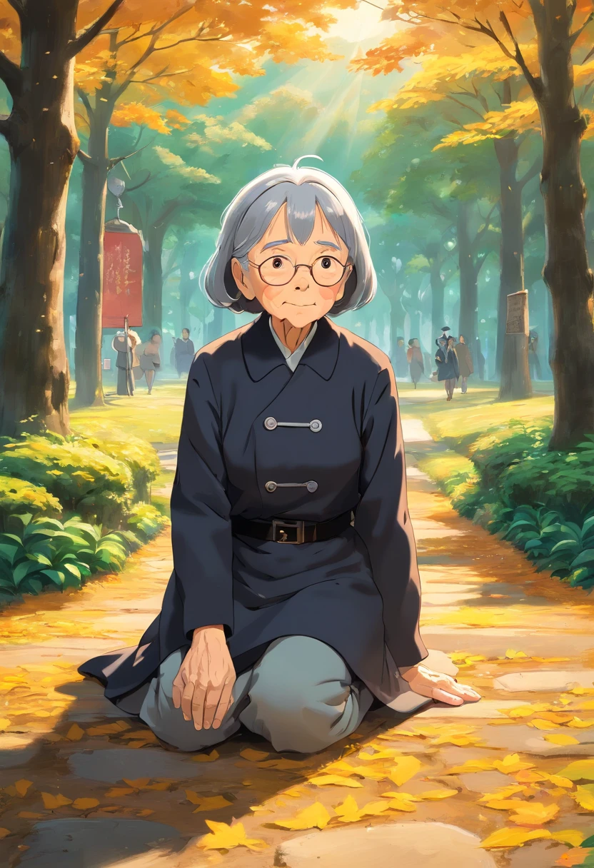 an old woman wearing black and gray uniform, fell on the ground in a park, sunny camera view low angle, wide shot, (best quality, 4k, 8k, highres, masterpiece:1.2), ultra-detailed, realistic:1.37, HDR, UHD, studio lighting, extreme detail description, professional, vivid colors, bokeh, portraiture, oil on canvas, contrasting colors, warm tones, soft lighting