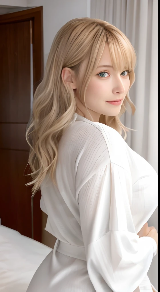 masutepiece, Best Quality、Realistic, ( Intricate details, depth of fields)、Hyper-Realism, 8K, Best Quality, Super Detail, retinas, ighly detailed, Perfect face, Perfect body, Huge breasts, Constriction, Very big ass, Glamour, indirect lighting, blondehair、hair wavy, short-hair、prety woman, the perfect appearance, Smile, ta, Oily skin、shinny skin, tre anatomically correct、mare、
White baba woman wearing cream bathrobe、Imagine standing beside a bed in a luxury hotel room。She put one hand on her hip.、You are in a pose with your other hand naturally lowered to the side。The luxurious interiors and elegant furnishings of the rooms are projected in the background.。