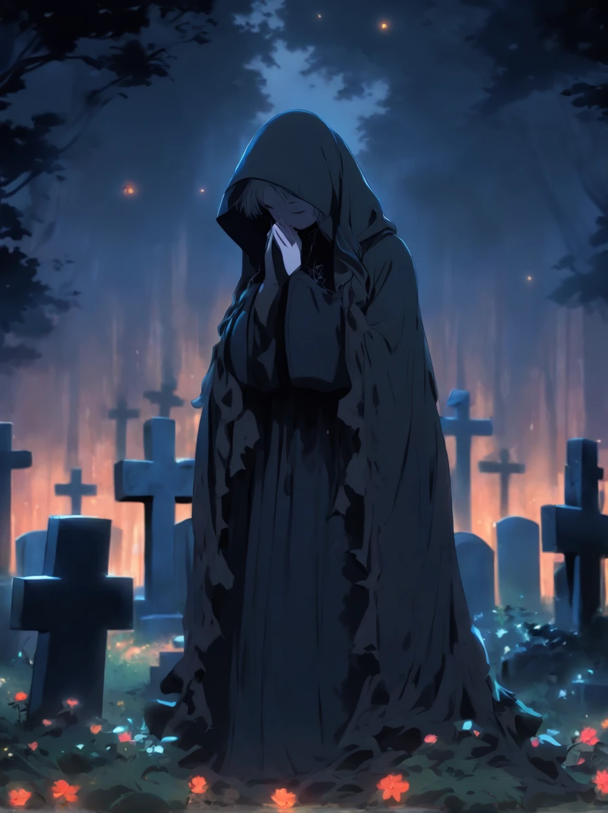 Girl wearing mourning clothes and praying at the grave, Rest in peace, cross, black veil, close eyes, tombstone