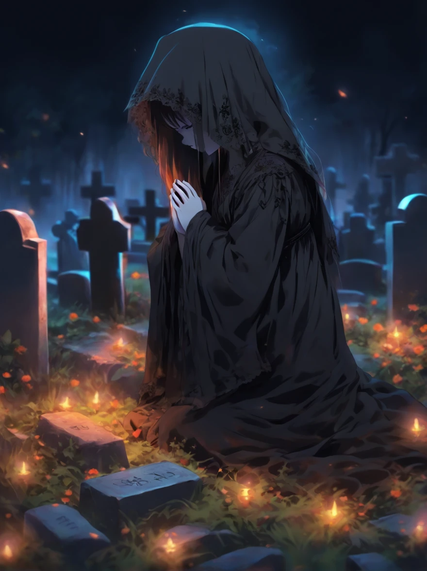Girl wearing mourning clothes and praying at the grave, Rest in peace, cross, black veil, close eyes, tombstone