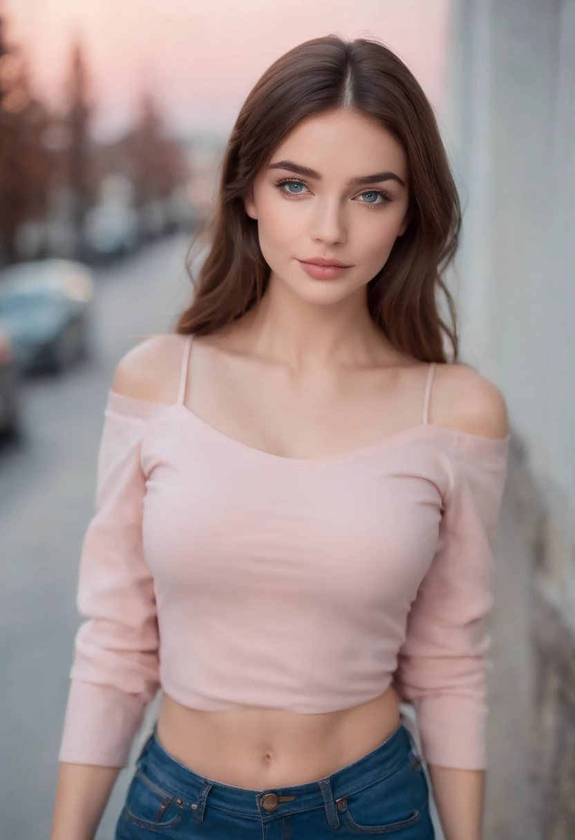 instagram influencer, 19 years old girl, brown hair, blue eyes, pale pink skinny top and blue jeans, perfect ass