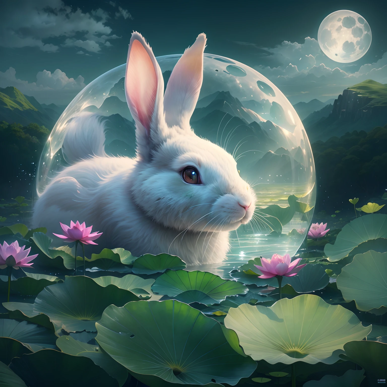 Huge Full Moon,Translucent ethereal animal rabbit,lotus flower,Lotus leaf,Green mountains in the distance,tmasterpiece,high qulity,UHD resolution,Reasonable composition,16k,hyperrealistic fantasy art,Epic, Beautiful dream art,Epic digital dream art illustration