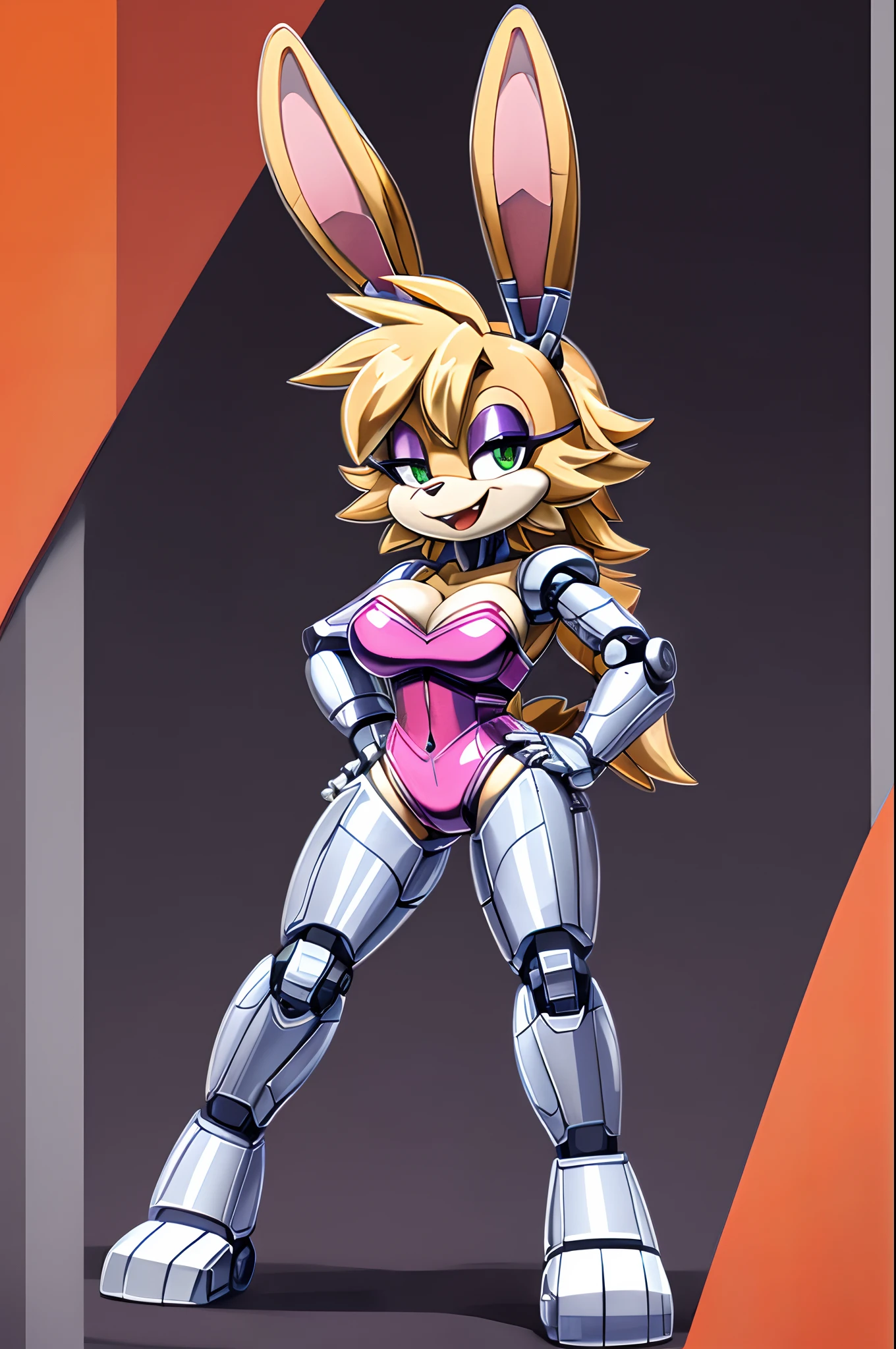 1girl, solo, long hair, breasts, looking at viewer, smile, blonde hair, gloves, animal ears, bare shoulders, closed mouth, green eyes, standing, tail, full body, alternate costume, white gloves, hand up, orange hair, rabbit ears, grin, arm up, leotard, hand on hip, strapless, makeup, alternate hairstyle, playboy bunny, half-closed eyes, clenched hand, furry, eyeshadow, strapless leotard, outline, rabbit girl, furry female, joints, white outline, body fur, animal nose, robot joints, pink leotard, Bunnie Rabbot, mechanical arm, cyborg, prosthesis, robot joints, prosthetic arm, mechanical legs, sonic the hedgehog (series), Bunnie rabbot, uploaded on e621, (((by marthedog, by naoto oshima, by omegasunburst))), (((only one mechanical arm))) full body, standing