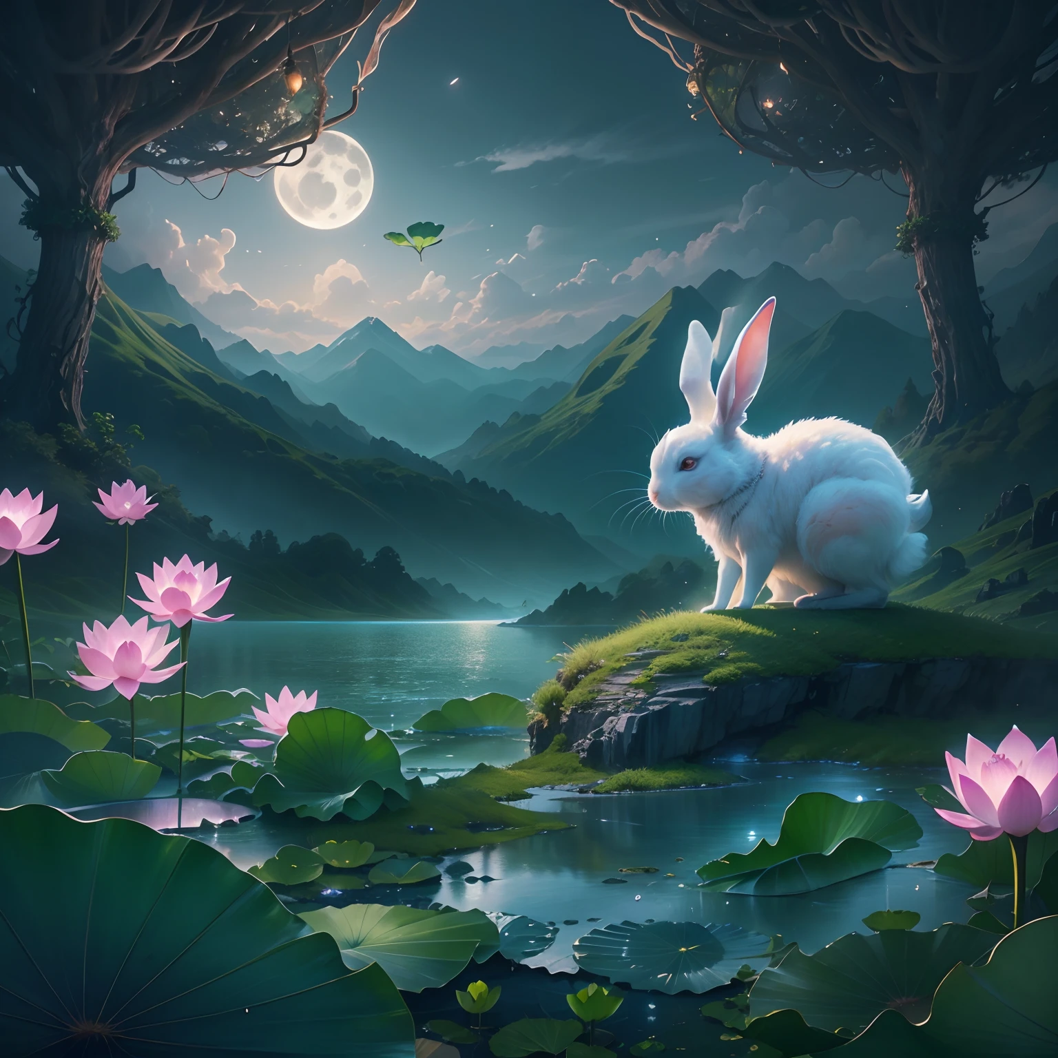 Huge Full Moon,Translucent ethereal animal rabbit,lotus flower,Lotus leaf,Green mountains in the distance,tmasterpiece,high qulity,UHD resolution,Reasonable composition,16k,hyperrealistic fantasy art,Epic, Beautiful dream art,Epic digital dream art illustration