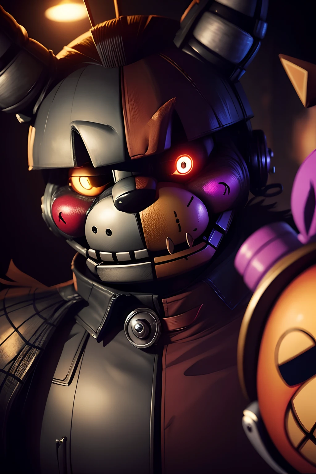 a closeup of a toy with a neon sign in the background, animatronic, animatronics, renderizado em sfm, fotografia de brinquedo, Cinco noites no Freddy's, Cinco noites no Freddy's, Cinco noites no Freddys, FNAF, foto de perfil 1024px, horror animatronic, sfm render. ((with a big cock)), (ballsack), (steaming coming from her cock),