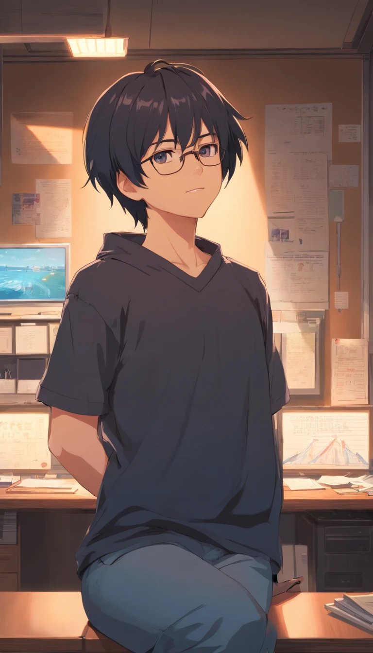 16 yaers old,Libido boy,Shota,Black color hair,black shirt,Square glasses,apathy,long whitr hair,with long bangs,messed up hair,Without background,sketching,inside in room