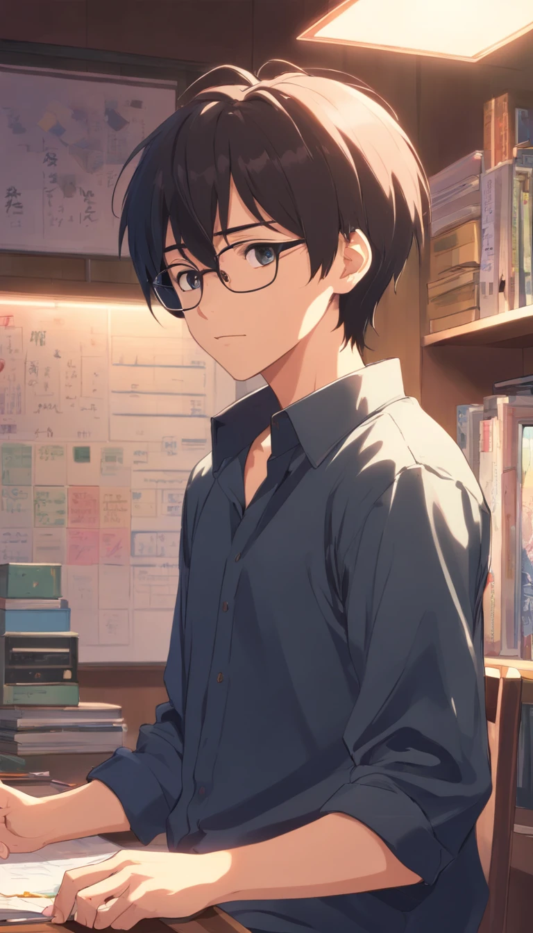 16 yaers old，Libido boy，Shota，Black color hair，black shirt，Square glasses，apathy，long whitr hair，with long bangs，messed up hair，Without background，sketching，inside in room