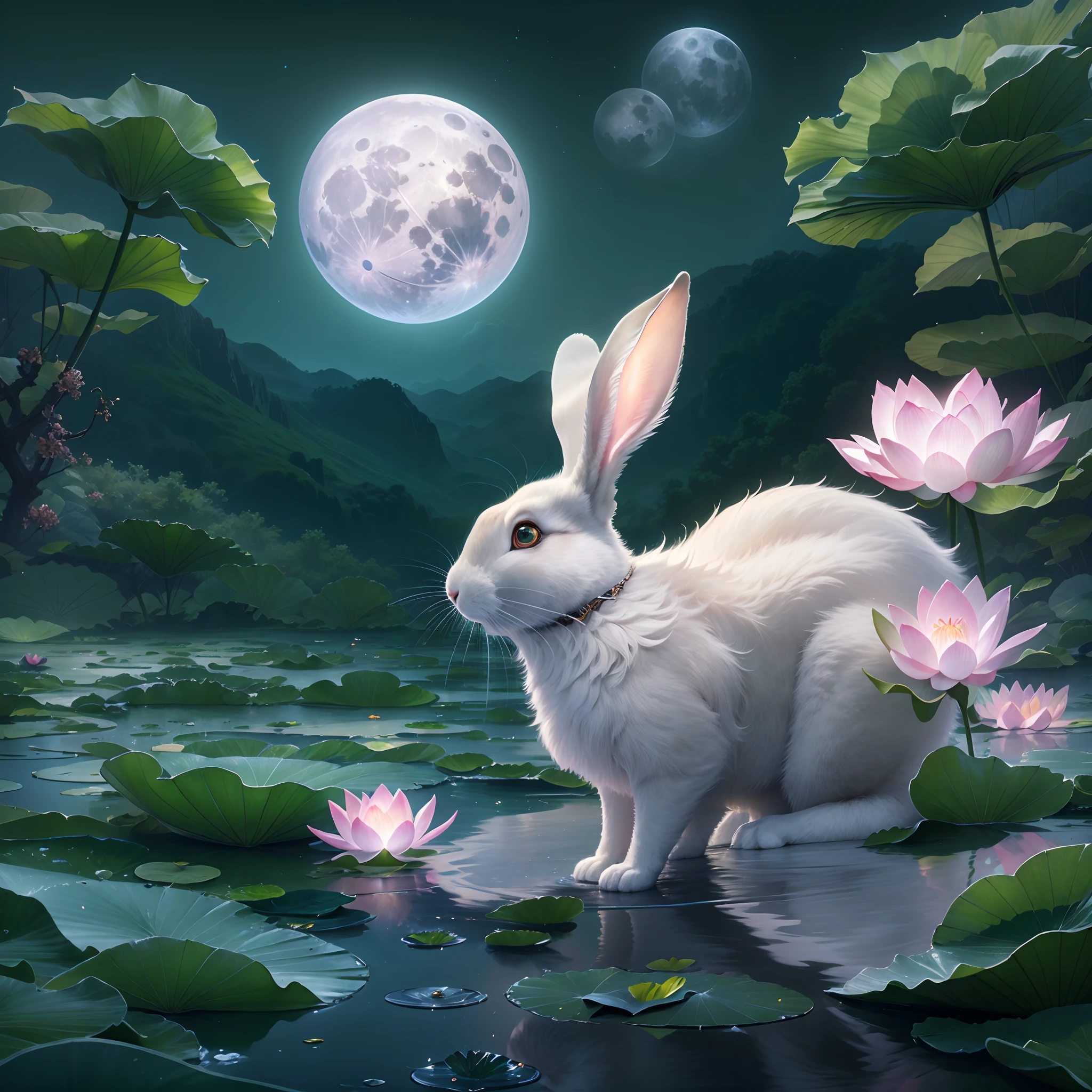 Huge Full Moon，Translucent ethereal animal rabbit，lotus flower，Lotus leaf，Green mountains in the distance，tmasterpiece，high qulity，UHD resolution，Reasonable composition，16k,hyperrealistic fantasy art，Epic, Beautiful dream art，Epic digital dream art illustration