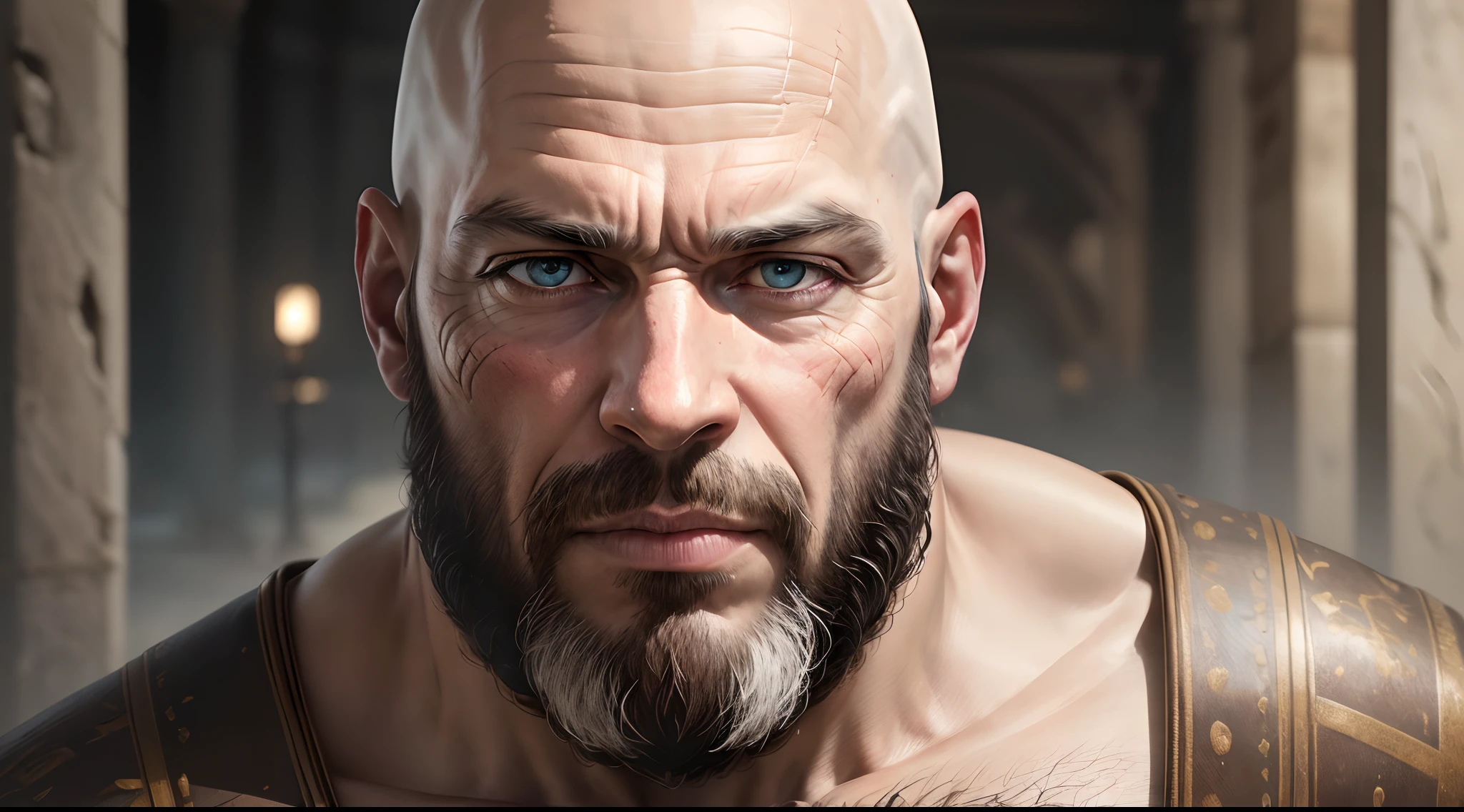 (best quality,4k,8k,highres,masterpiece:1.2),ultra-detailed,(realistic,photorealistic,photo-realistic:1.37),a bald man with a beard,background image, Bars of a Roman prison,injured face,space sign
