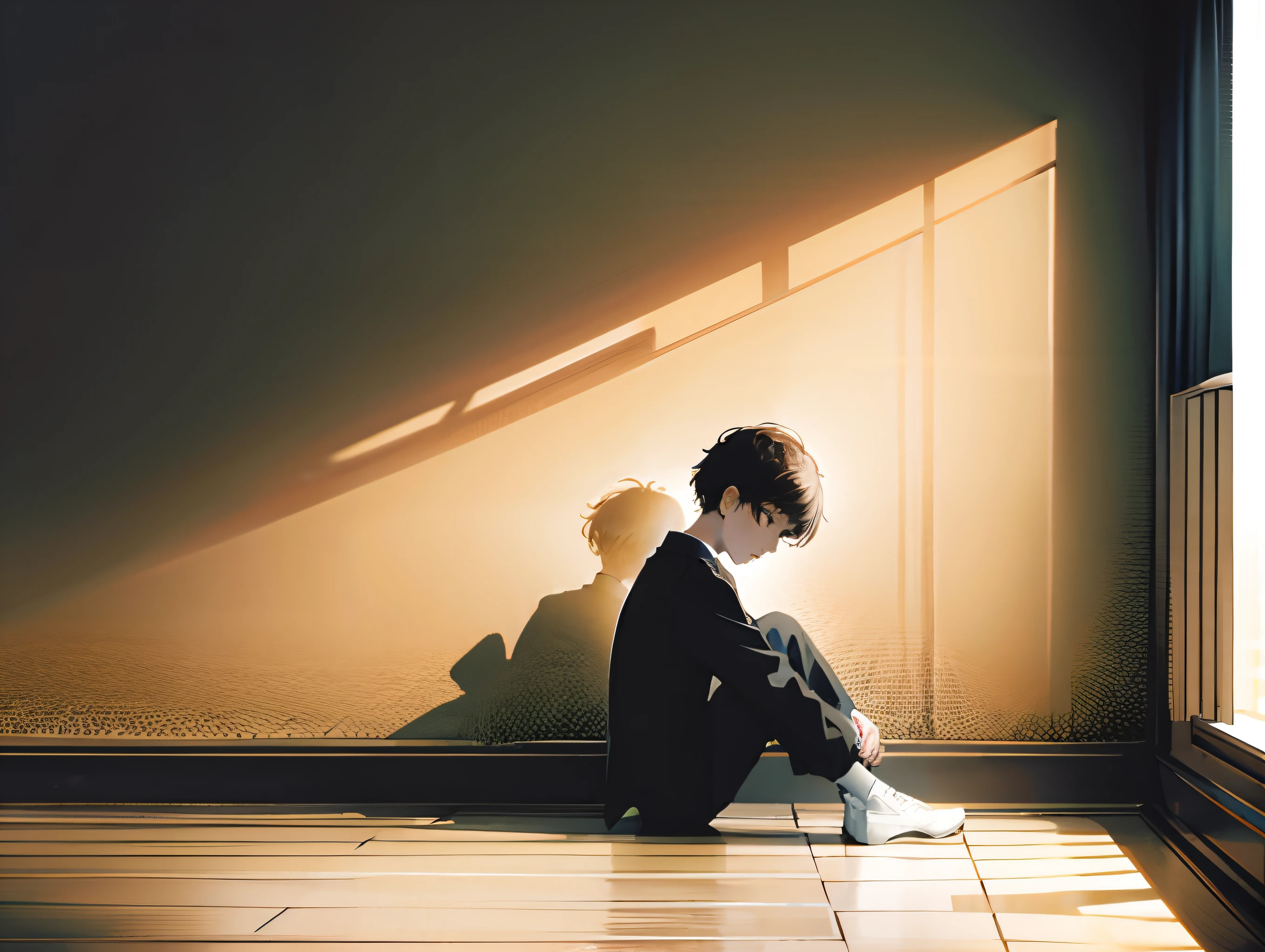 shadow child sitting sad in room