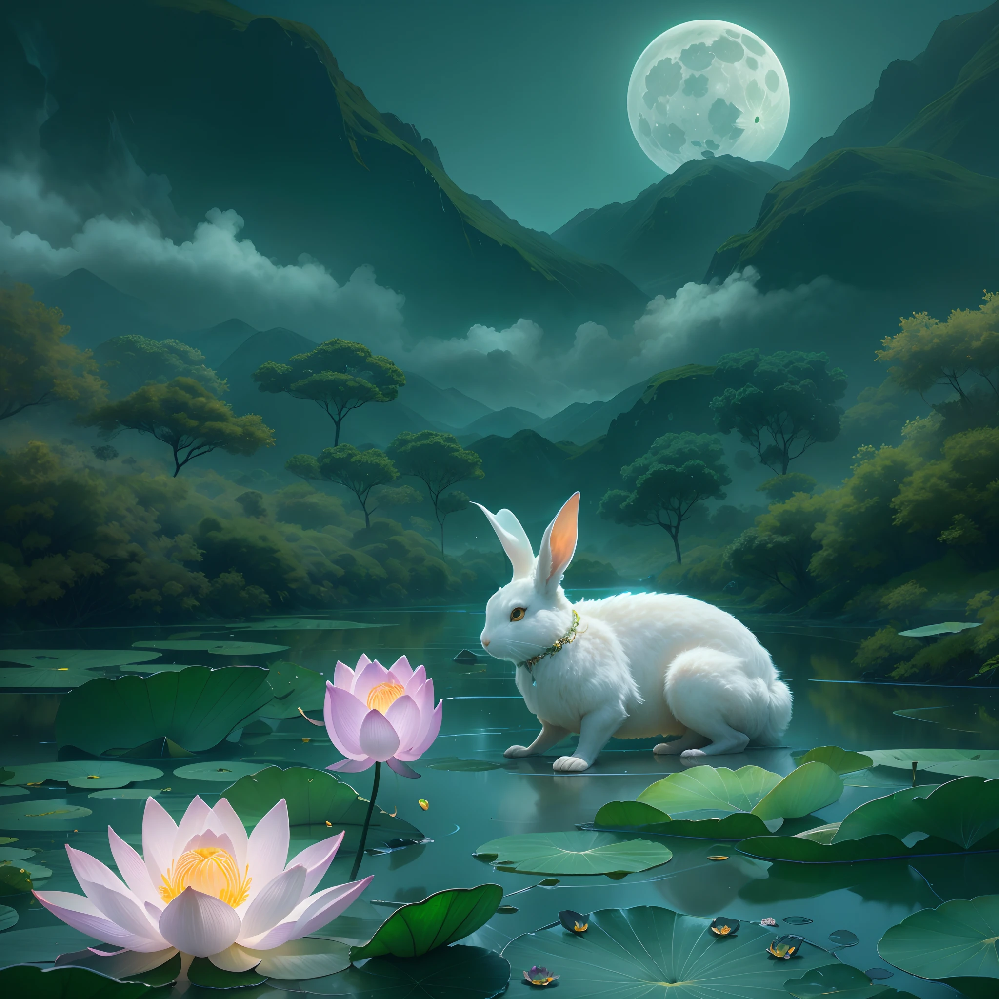 Huge Full Moon,Translucent ethereal animal rabbit,lotus flower,Lotus leaf,Green mountains in the distance,tmasterpiece,high qulity,UHD resolution,Reasonable composition,16k,hyperrealistic fantasy art,Epic, Beautiful dream art,Epic digital dream art illustration