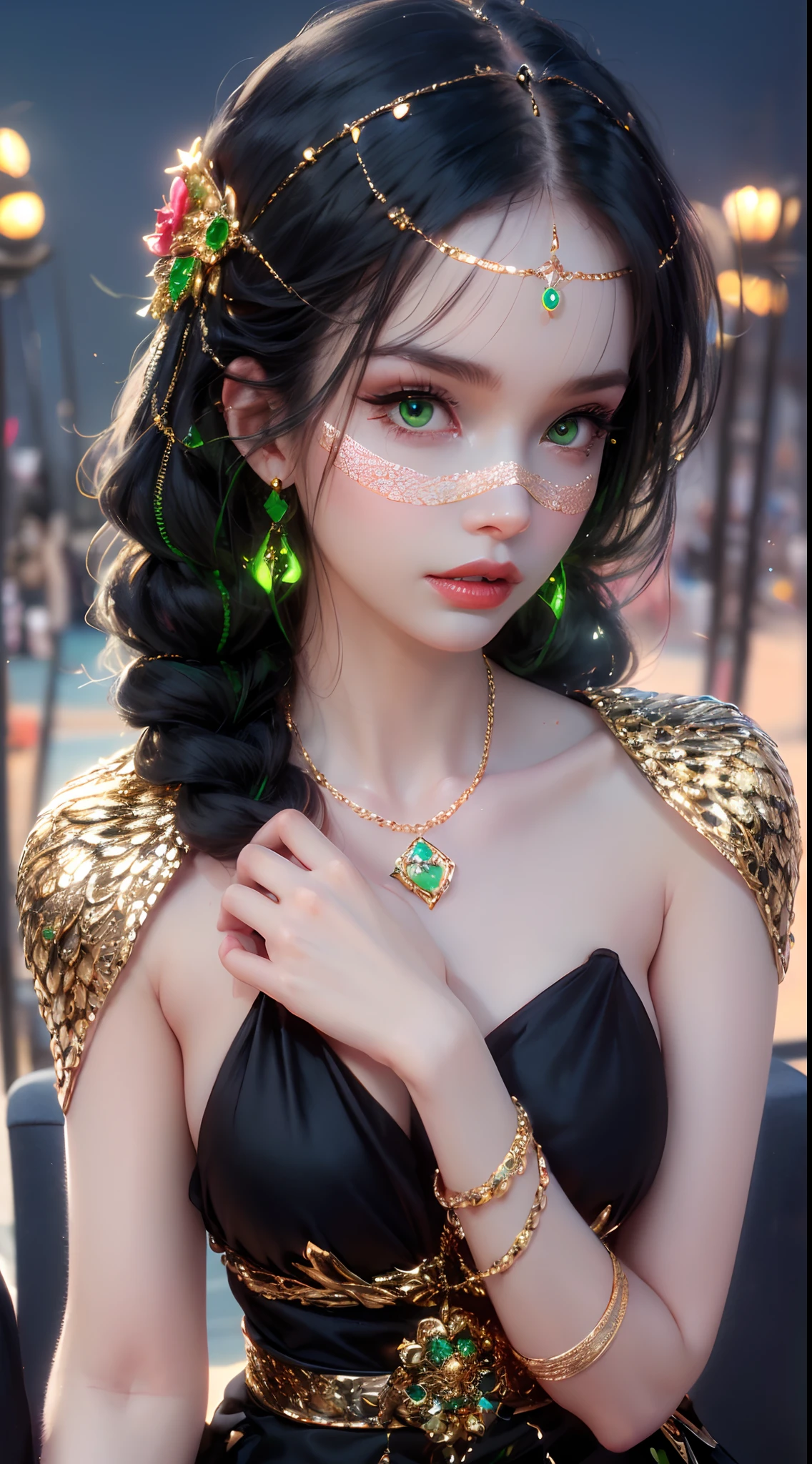 1 beautiful young princess, ((beautiful princess no longer a child:1.8)), ((wearing a black armored dress with gold trim in ancient hanfu style:1.6)), (((Exquisite patterns on the skirt:1.6))), ((braided hair with long black bangs: 1.6)), ((long bangs:1.6)), ((hair jewelry:1.9)), ((upper body gold jewelry:1.9)), ((Very delicate gold necklaces:1.7)), ((earrings with emeralds:0.8)), noble, noble style of an extremely beautiful girl, super cute little face, very pretty face, fur thin eyebrows, flawless beautiful face, ((black eye pupils: 0.8)), very beautiful eyes, ((green eyes eyes: 1.6)), beautiful makeup and detailed hairdo, eyelashes, eye makeup wet, high nose, earrings, red lips, ((closed mouth: 1;5 )) beautiful lips, slim hands, ((arms spread out to the sides: 1.7)), rosy face, clean face, flawless beautiful face, smooth white skin, firm breasts, nice cleavage, ((super big and round breasts: 1.6)), beautiful breasts, perfect body, ((Sit back and puff out your chest, arms behind you:1.6)), 8k photos, super high quality, super realistic, super 10x pixels, optical, bright studio, bright edges, two-tone lighting, (high detail skin:1.2), super 8k, soft lighting , high quality, volumetric light, optical, optical high resolution, light, best photo, 4k, 8k quality, blur effect, smooth sharpness, 10 x pixels, ((beach at night background:1.5)), aurora, lightning, super realistic graphics, most realistic graphics, alone, solo, Extremely sharp, surreal images, (((frontal portrait: 1.3)))."