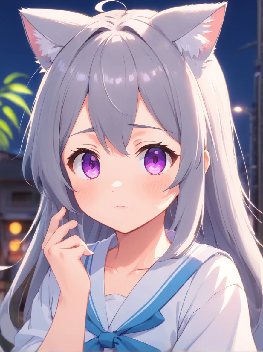 Cute faces in anime，Overall long gray hair，best qualtiy，hight resolution、[3D images:1.5],[[3D images:1.20]]、low  angle shot，shining purple eyes，[A girl who is too cute to meet everyone:1.5]、Cat ears，[Shy Expressions:1.5]，Open white shirt，a cute ，Leaky shoulders，Barefoot，Look up at your head，largeeyes，Spoiled
