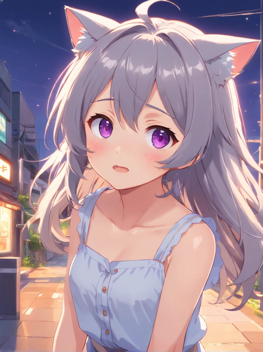 Cute faces in anime，Overall long gray hair，best qualtiy，hight resolution、[3D images:1.5],[[3D images:1.20]]、low  angle shot，shining purple eyes，[A girl who is too cute to meet everyone:1.5]、Cat ears，[Shy Expressions:1.5]，Open white shirt，a cute loli，Leaky shoulders，Barefoot，Look up at your head，largeeyes，Spoiled