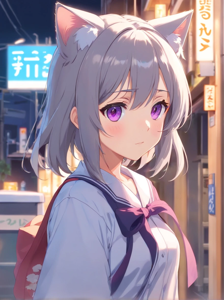 Cute faces in anime，Overall long gray hair，best qualtiy，hight resolution、[3D images:1.5],[[3D images:1.20]]、low  angle shot，shining purple eyes，[A girl who is too cute to meet everyone:1.5]、Cat ears，[Shy Expressions:1.5]，Open white shirt，a cute ，Leaky shoulders，Barefoot，Look up at your head，largeeyes，Spoiled