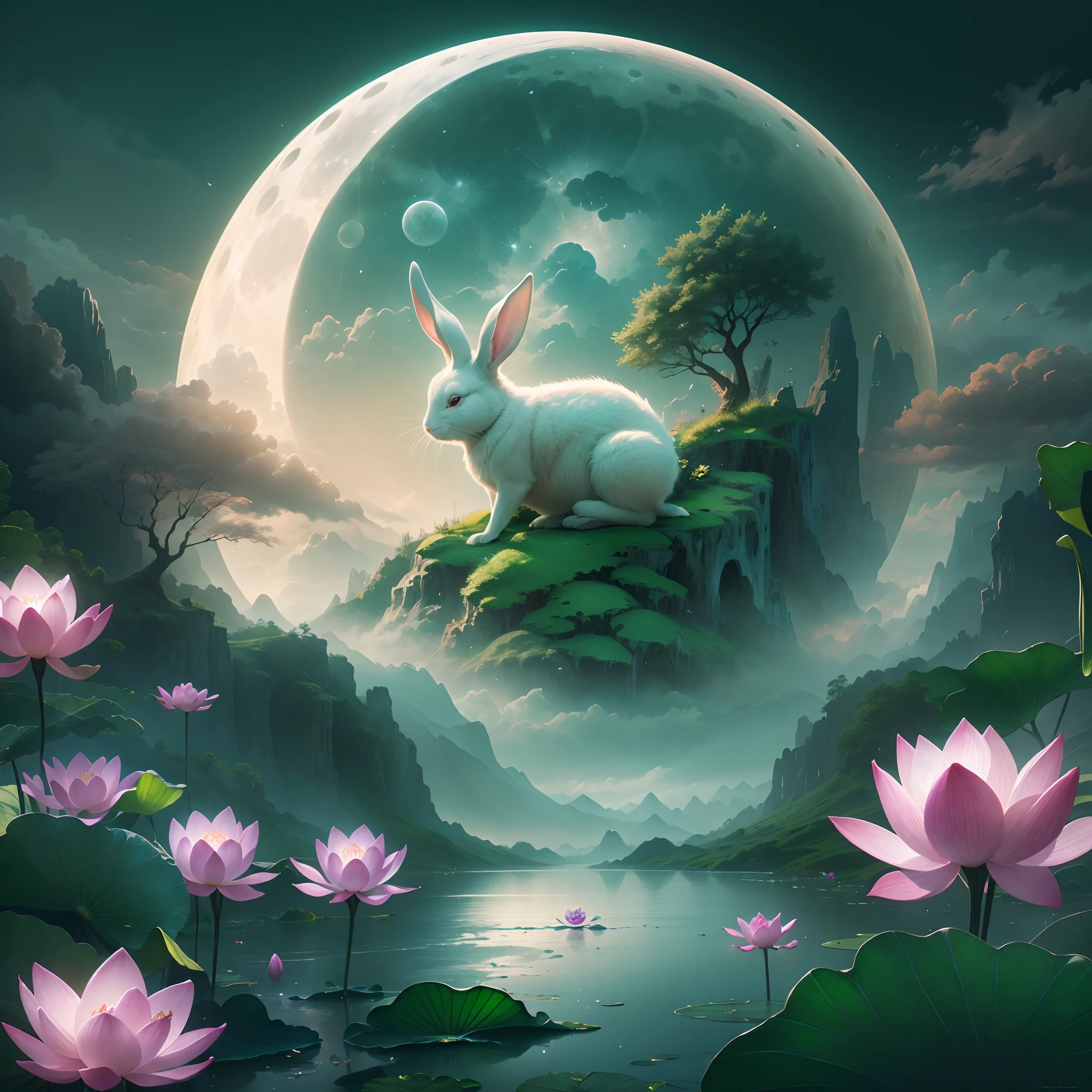 Huge Full Moon,Translucent ethereal animal rabbit,lotus flower,Lotus leaf,Green mountains in the distance,tmasterpiece,high qulity,UHD resolution,Reasonable composition,16k,hyperrealistic fantasy art,Epic, Beautiful dream art,Epic digital dream art illustration