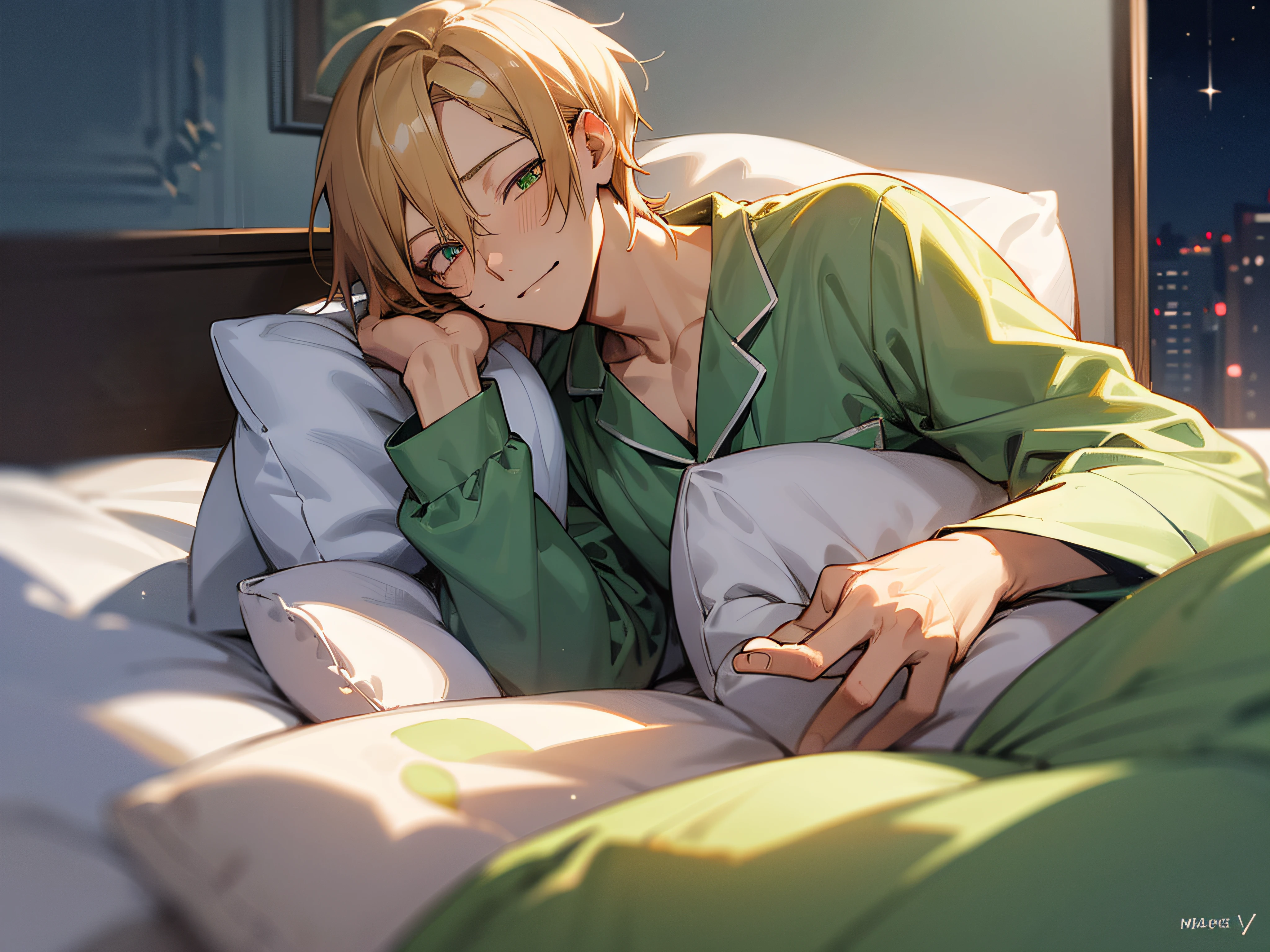 ((masutepiece,Best Quality)), 1male people, Solo, Adult, Handsome, beautifull detailed face, Sleep in a warm bed, Lying down,(((Eyes open))),Eyes color is green pajamas, blanket, PILLOWS, relaxed expression, Night sky outside the window