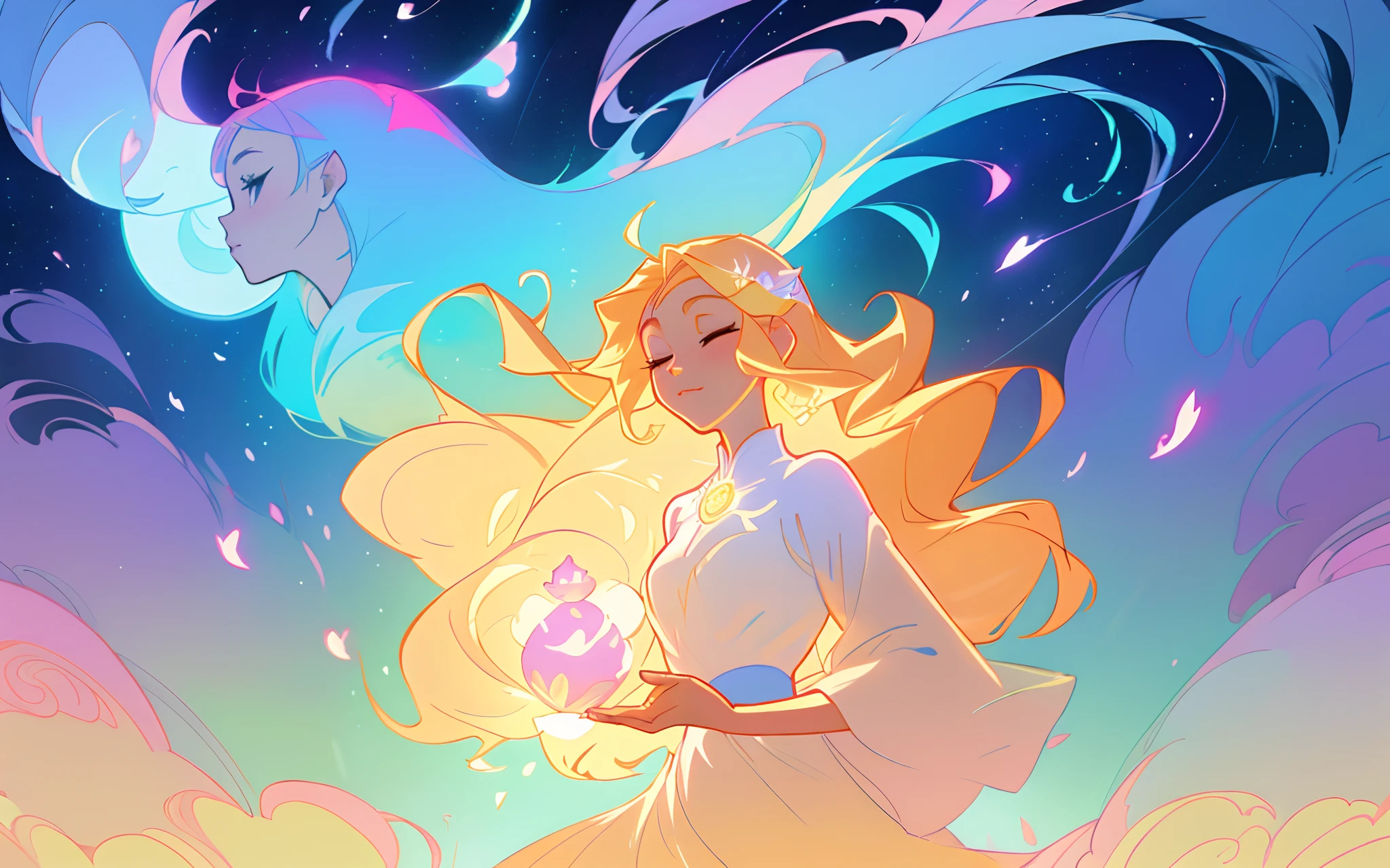 beautiful girl with flowers in her hair, long sleeve flowing gown, long glowing ethereal hair, glowing flowing hair, beautiful young wind spirit, beautiful anime art style, beautiful digital illustration, ethereal anime, a beautiful artwork illustration, blonde anime girl with long hair, inspired by Glen Keane, inspired by Lois van Baarle, (disney art style), by Lois van Baarle, glowing aura around her, by Glen Keane, jen bartel, glowing lights, (masterpiece), (best quality), sharp focus, 8k resolution, intricately detailed, highly detailed, beautiful girl, golden ratio face, perfection, fantasia landscape, floating glowing lights, colorful, whimsical, magical, vibrant colors, bright colors