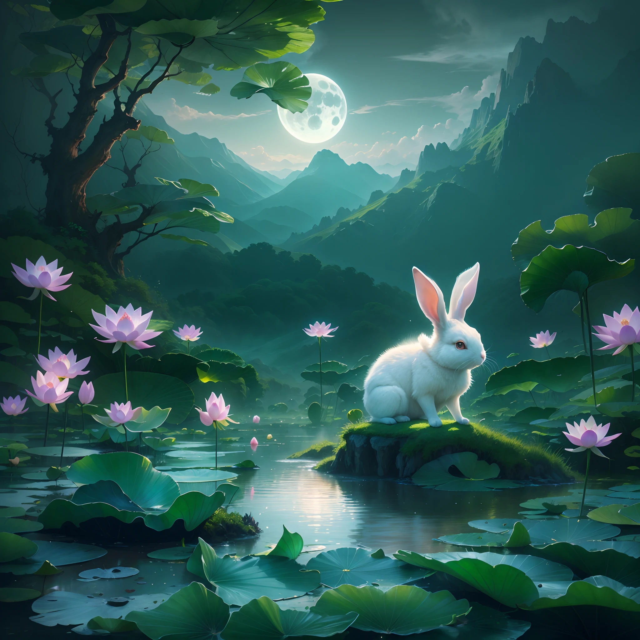 Huge Full Moon,Translucent ethereal animal rabbit,lotus flower,Lotus leaf,Green mountains in the distance,tmasterpiece,high qulity,UHD resolution,Reasonable composition,16k,hyperrealistic fantasy art,Epic, Beautiful dream art,Epic digital dream art illustration