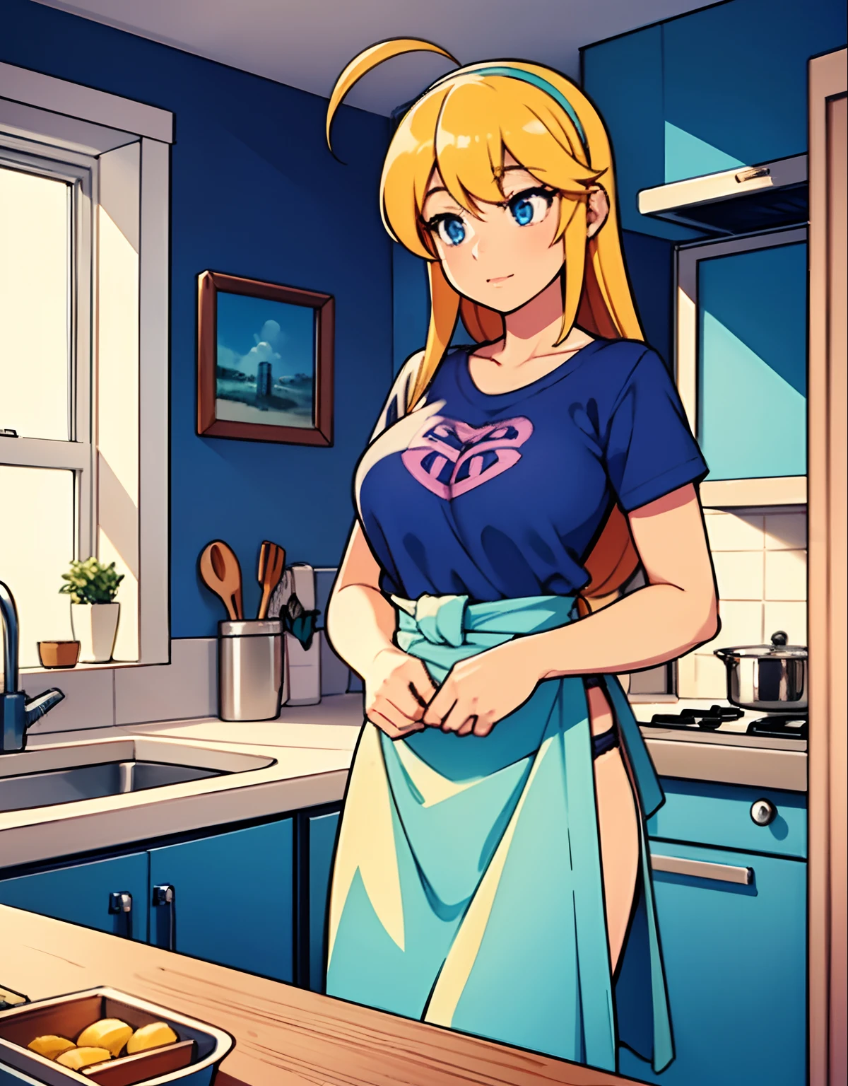 A robot housewife stands in the center of the scene. She has long blonde hair cascading down her shoulders and stunning blue eyes that mesmerize anyone who gazes into them. Her eyes light up with a vibrant glow, adding a hint of futuristic technology to her appearance. The robot housewife wears a pink t-shirt that complements her skin tone and a pair of blue jeans that fit her perfectly.
To complete her outfit, she adds a pink hairband adorned with an expressive ahoge, which adds a touch of playfulness to her character. As she goes about her daily tasks, she wears a green apron that ties neatly around her waist. The apron is slightly worn, suggesting a touch of nostalgia and memories created over time.
In the background, the scene is set in a cozy and neatly organized kitchen. Colorful utensils hang from hooks on the wall, adding a vibrant touch to the space. A wooden cutting board is laid on the countertop, with a bowl of fresh fruits waiting to be prepared. The sunlight streams through the window, casting warm rays on the scene, while soft kitchen lighting illuminates the robot housewife's face.
The overall image quality is of the highest caliber, embracing 4K resolution and showcasing ultra-detailed rendering. The vibrant colors of the scene bring a lively atmosphere, and the realistic depiction captures every intricate detail. The blending of various art styles, including a hint of anime influence, creates a unique and captivating visual storytelling experience.
The color palette is dominated by shades of pink and blue, creating a harmonious and soothing ambiance. The lighting emphasizes the warmth and coziness of the kitchen, with soft shadows casting an ethereal atmosphere.
Without a doubt, this artwork captures the essence of a modern robot housewife, combining technology, nostalgia, and a touch of whimsy. The attention to detail in her appearance and the surrounding environment breathe life into the painting, making it a masterpiece that blends reality