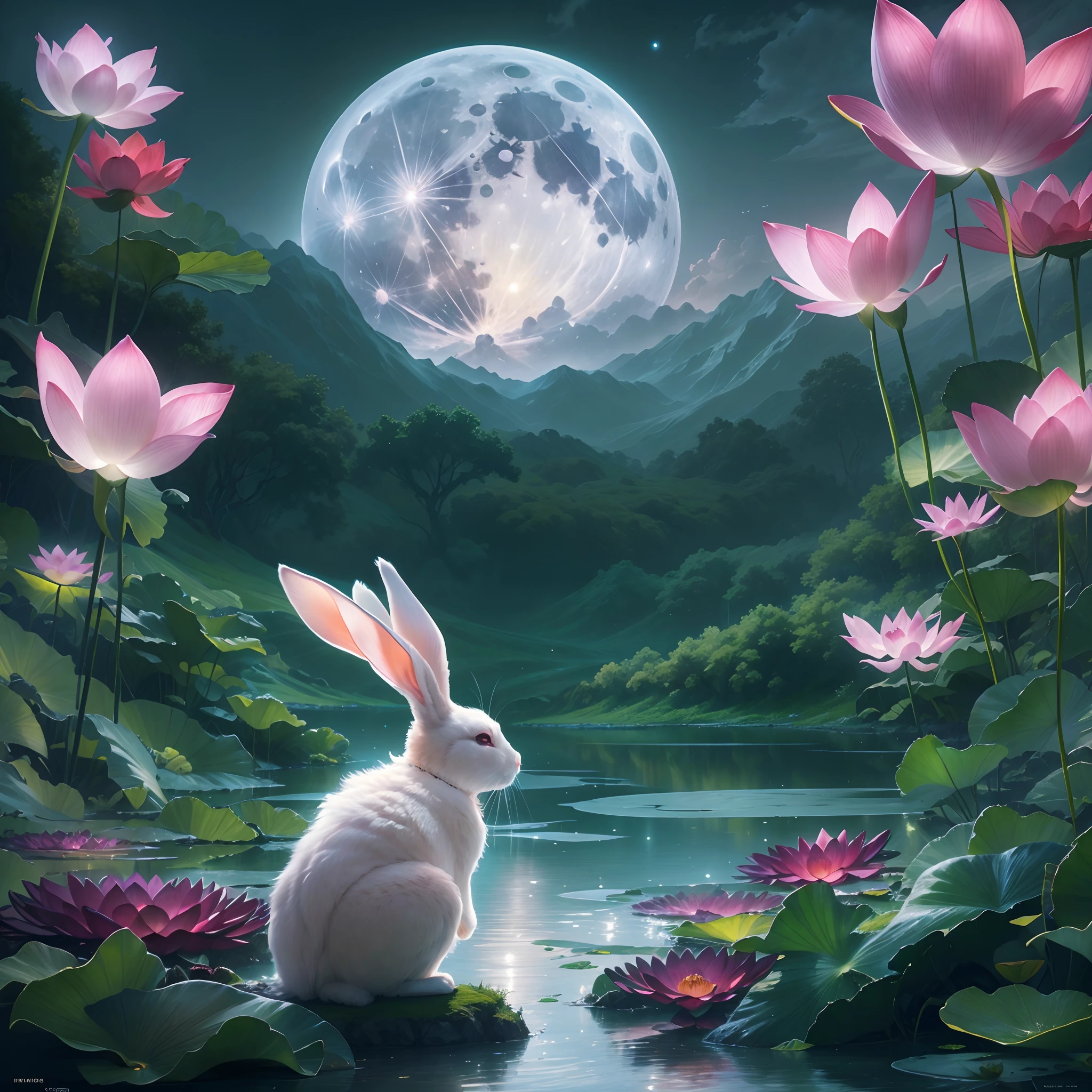 Huge Full Moon,Translucent ethereal animal rabbit,lotus flower,Lotus leaf,Green mountains in the distance,tmasterpiece,high qulity,UHD resolution,Reasonable composition,16k,hyperrealistic fantasy art,Epic, Beautiful dream art,Epic digital dream art illustration