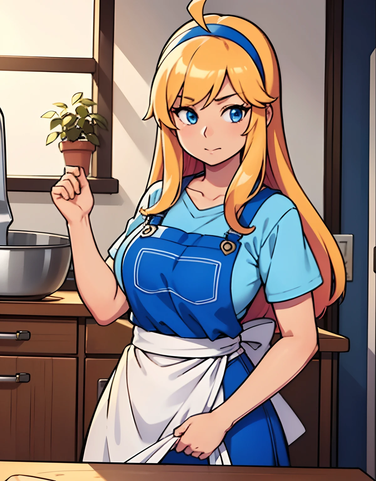 A robot housewife stands in the center of the scene. She has long blonde hair cascading down her shoulders and stunning blue eyes that mesmerize anyone who gazes into them. Her eyes light up with a vibrant glow, adding a hint of futuristic technology to her appearance. The robot housewife wears a pink t-shirt that complements her skin tone and a pair of blue jeans that fit her perfectly.

To complete her outfit, she adds a pink hairband adorned with an expressive ahoge, which adds a touch of playfulness to her character. As she goes about her daily tasks, she wears a green apron that ties neatly around her waist. The apron is slightly worn, suggesting a touch of nostalgia and memories created over time.

In the background, the scene is set in a cozy and neatly organized kitchen. Colorful utensils hang from hooks on the wall, adding a vibrant touch to the space. A wooden cutting board is laid on the countertop, with a bowl of fresh fruits waiting to be prepared. The sunlight streams through the window, casting warm rays on the scene, while soft kitchen lighting illuminates the robot housewife's face.

The overall image quality is of the highest caliber, embracing 4K resolution and showcasing ultra-detailed rendering. The vibrant colors of the scene bring a lively atmosphere, and the realistic depiction captures every intricate detail. The blending of various art styles, including a hint of anime influence, creates a unique and captivating visual storytelling experience.

The color palette is dominated by shades of pink and blue, creating a harmonious and soothing ambiance. The lighting emphasizes the warmth and coziness of the kitchen, with soft shadows casting an ethereal atmosphere.

Without a doubt, this artwork captures the essence of a modern robot housewife, combining technology, nostalgia, and a touch of whimsy. The attention to detail in her appearance and the surrounding environment breathe life into the painting, making it a masterpiece that blends reality