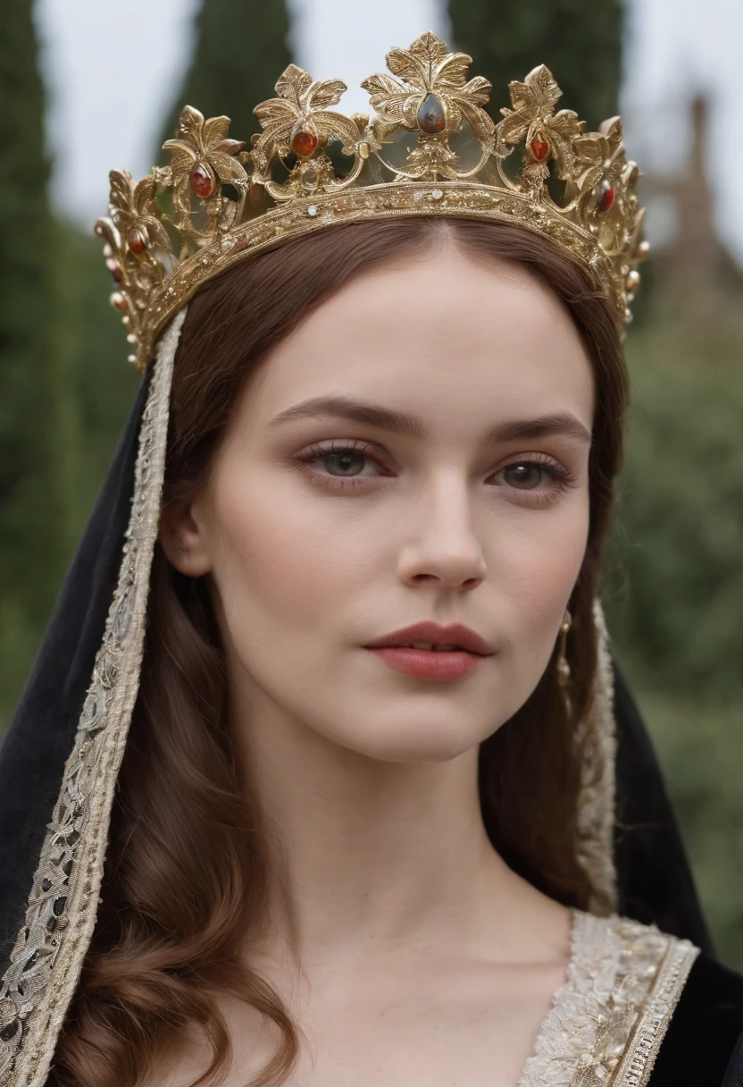 (Best quality,ultra-realistic:1.2),A high resolution,Ultra-detailed,portrait,Wife of King Henry VIII,Toile de fond urbaine,Beaux yeux expressif,beautiful detailed lips,espagnole, cheveux sombre, Beautiful and elegant personality,Sumptuous dress outfit as well as the hairstyle of his time that reflects the royal status. religieux, foi catholique. Tenez-vous en confiance, glowing lighting,Couleurs de peau olives espagnole.Sculpted skin,Joaillerie,colliers croix catholique,Contexte historique,Calm and powerful manners,Dark black and gold color scheme,maquillage naturel,glowing complexion,Ornate crown,Royal and elegant presence,Expression sereine,Improve facial features,Des cheveux de luxe fluides.Face to face the screen. Gaze fixed on the screen.