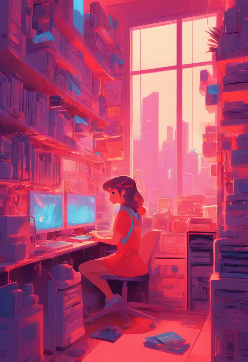 illustration of a woman working on a computer through a room with various objects, editorial illustration pastelcolor, in style of james gilleard, illustration style, james gilleard artwork, flat illustration, in style of digital illustration, magazine illustrations, editorial illustration, digital illustration -, #illustration, magazine illustration, inspired by James Gilleard, modern illustration, illustration | rutkowski, stylized digital illustration