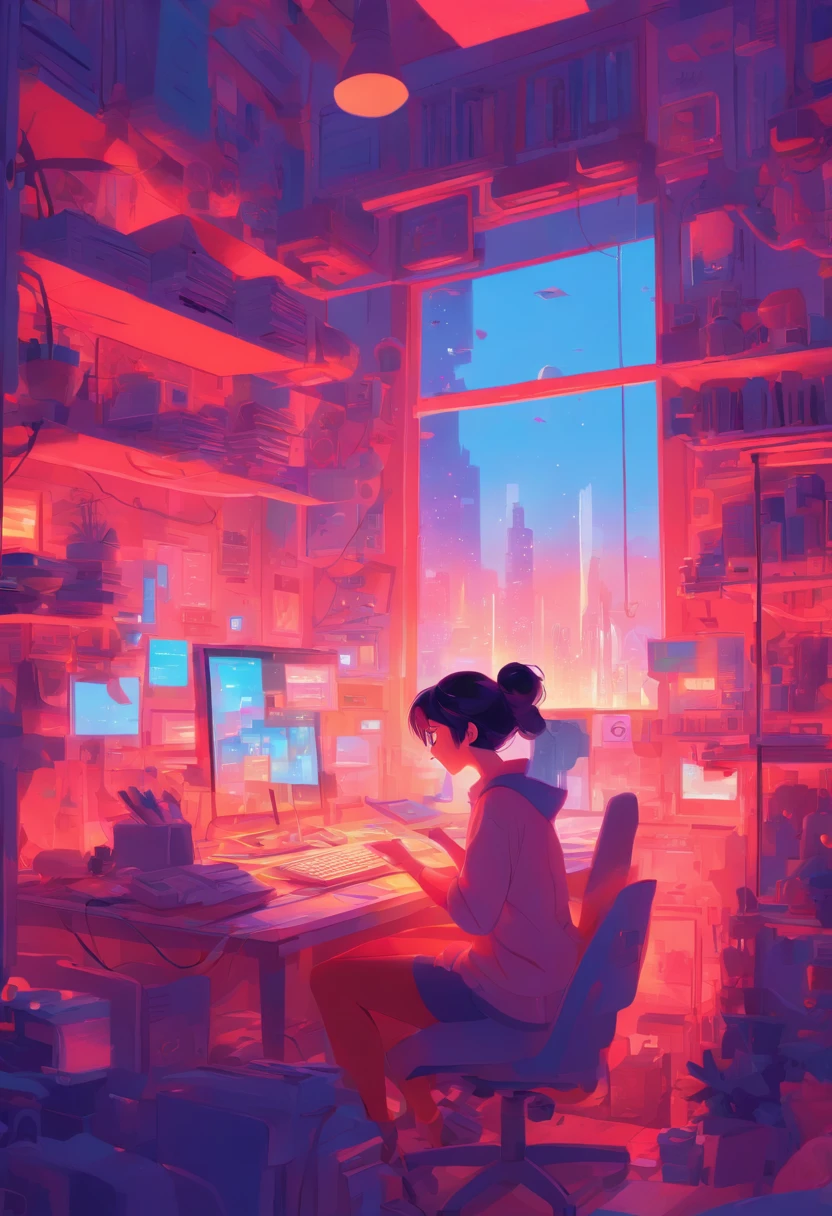 illustration of a woman working on a computer through a room with various objects, editorial illustration pastelcolor, in style of james gilleard, illustration style, james gilleard artwork, flat illustration, in style of digital illustration, magazine illustrations, editorial illustration, digital illustration -, #illustration, magazine illustration, inspired by James Gilleard, modern illustration, illustration | rutkowski, stylized digital illustration