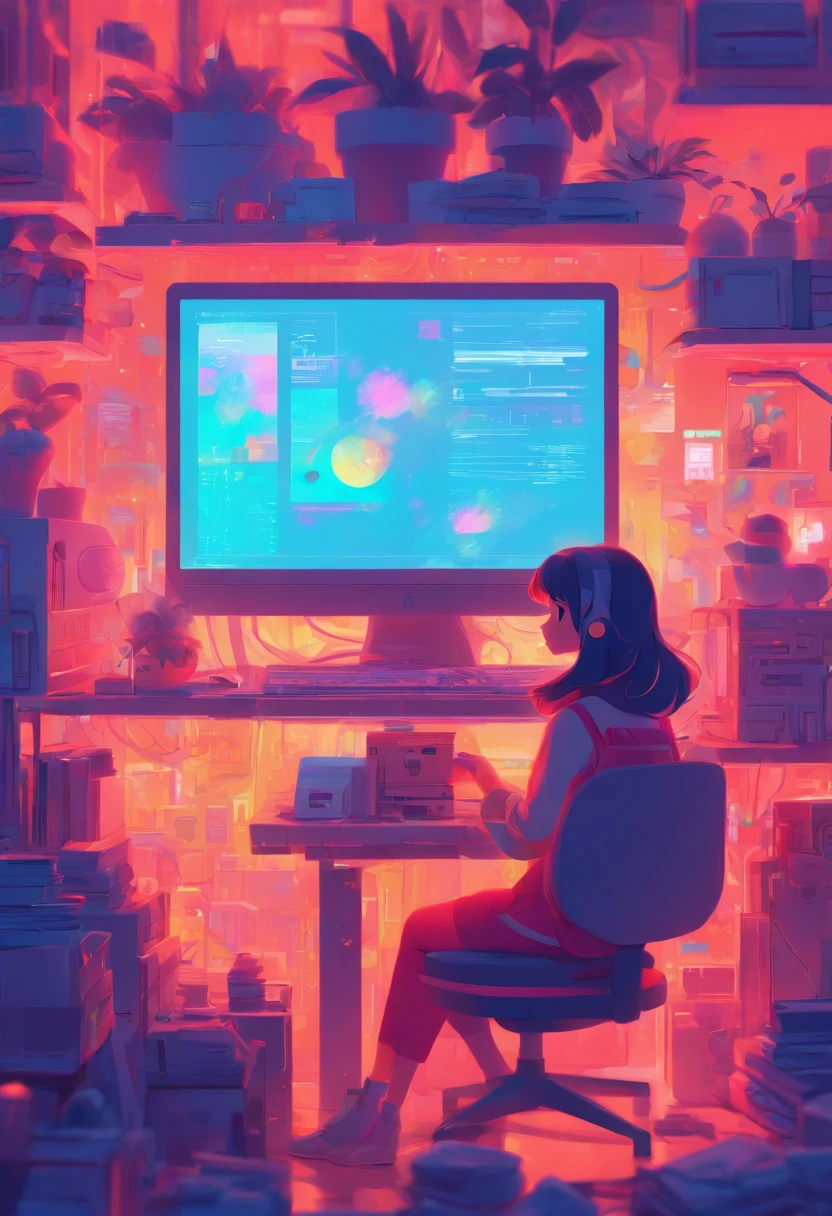 illustration of a woman working on a computer through a room with various objects, editorial illustration pastelcolor, in style of james gilleard, illustration style, james gilleard artwork, flat illustration, in style of digital illustration, magazine illustrations, editorial illustration, digital illustration -, #illustration, magazine illustration, inspired by James Gilleard, modern illustration, illustration | rutkowski, stylized digital illustration
