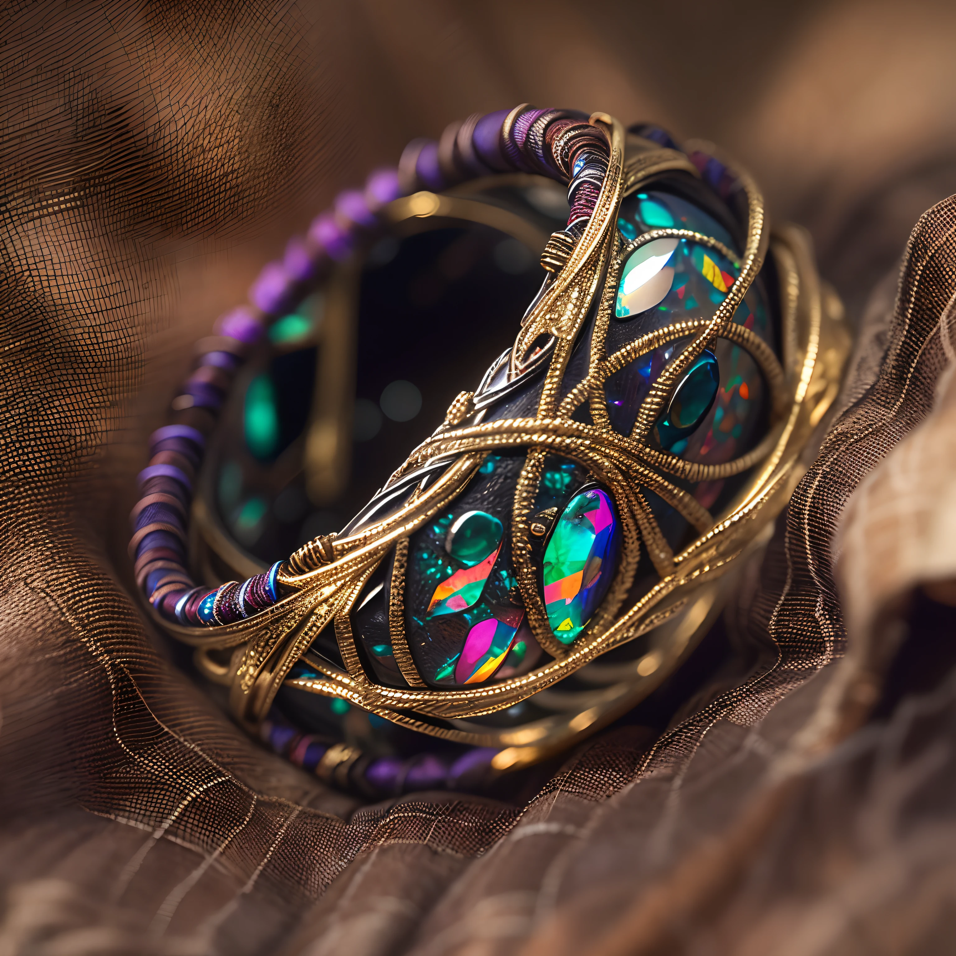 [Black opal ring]
Close-up of black gold thread woven into a ring, Dream catcher, Handmade, Brak gold thread weaving process, European style, dreamlike quality, small and exquisite, Precise lines, Noble, Amazing, Details, Delicate light and shadow, Second quarter