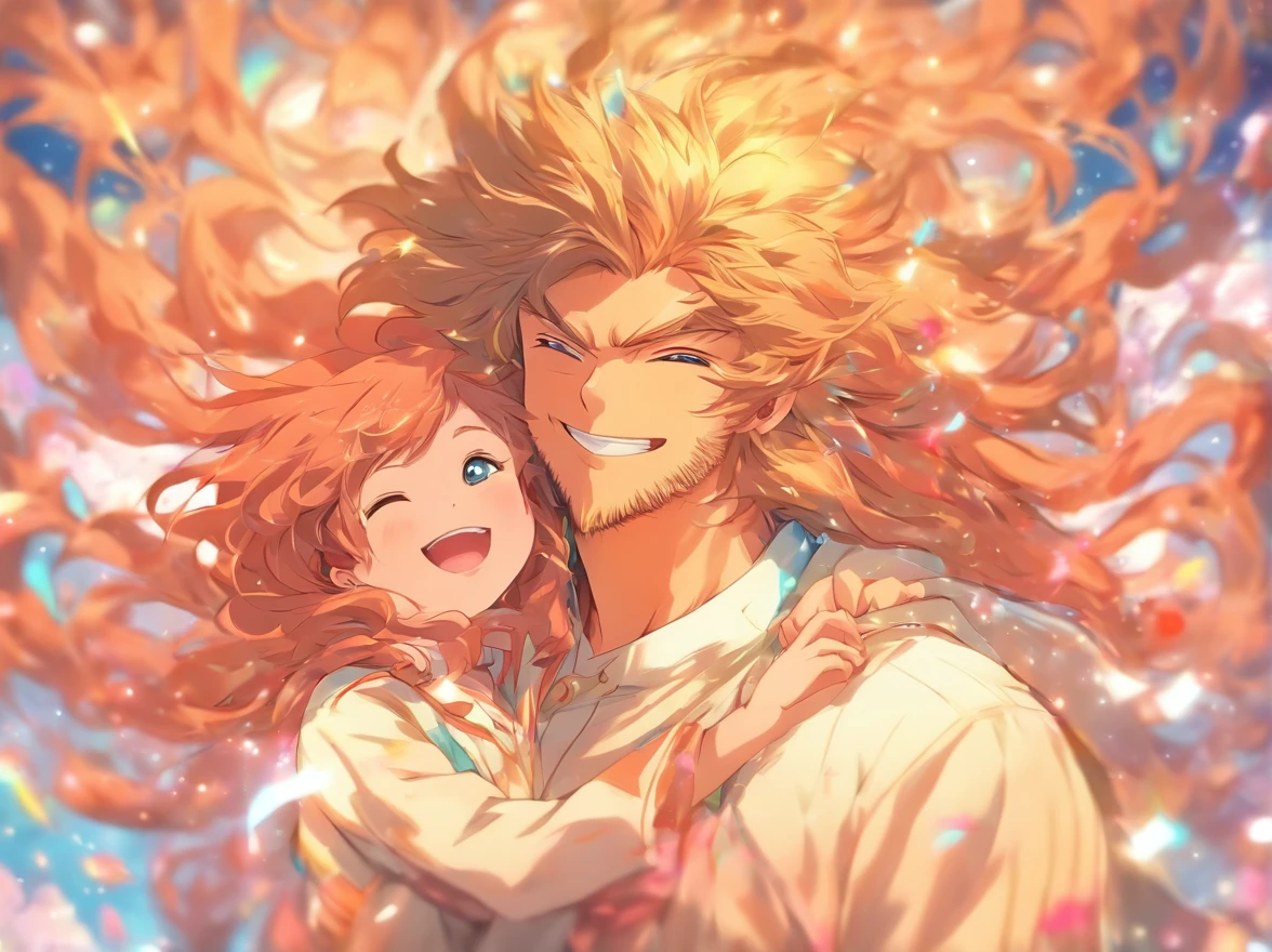 (a loving father with his daughter on his shoulders, the girl's happy flowing hair, a shy smile, cutecore, distorted style, white background)