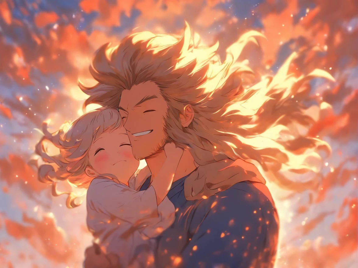 (a loving father with his daughter on his shoulders, the girl's happy flowing hair, a shy smile, cutecore, distorted style, white background)