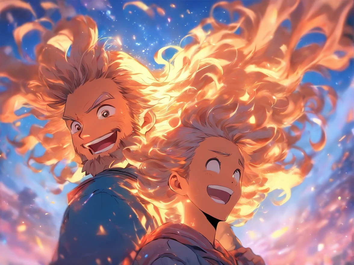 (a loving father with his daughter on his shoulders, the girl's happy flowing hair, a shy smile, cutecore, distorted style, white background)