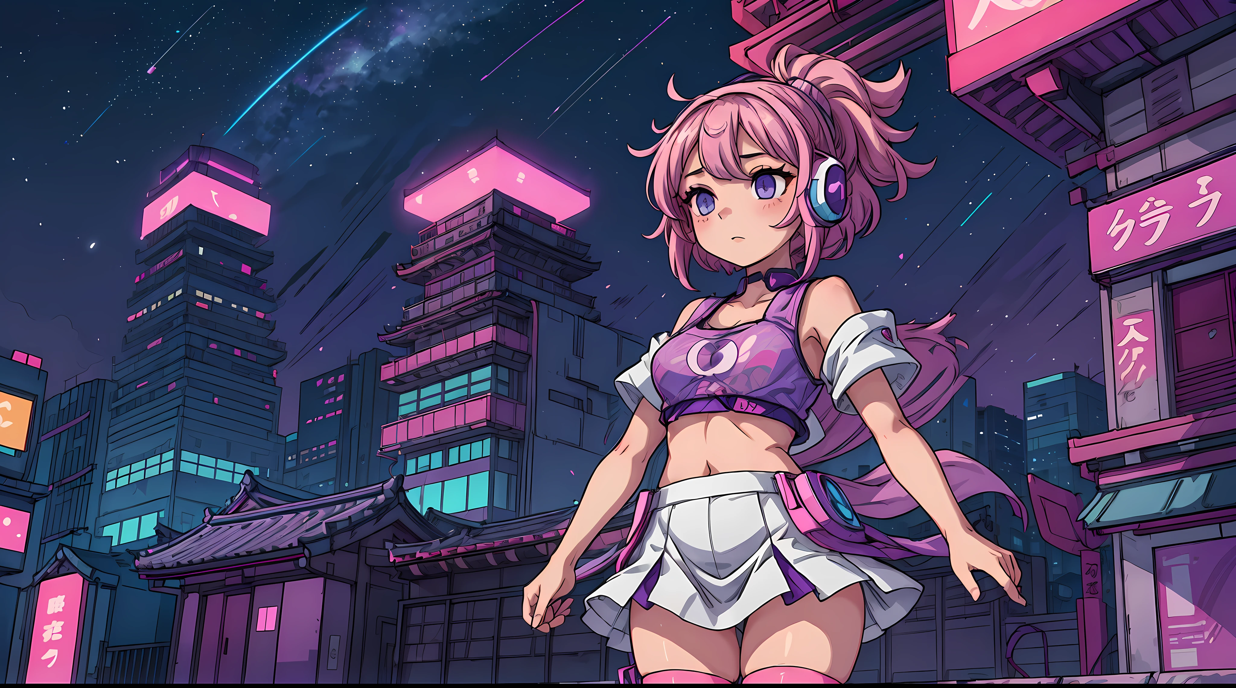 A beautiful anime girl with glowing skin, wearing headphones and a revealing outfit, standing in front of a stunning night sky in Tokyo City. The sky is a vibrant shade of purple with neon lights and stars twinkling in the distance. The city skyline is in the background, with skyscrapers and temples lit up in different colors. The girl has a confident and playful expression on her face, and her hair is blowing in the wind.
Aesthetic: Vanilla, synthwave, Japan
Style: Anime, digital art
Color palette: Purple, neon, blue, pink, yellow
Additional details: The girl's skin should be glowing and slightly translucent. Her outfit should be revealing, but not too much. She could be wearing a short dress, crop top, or shorts. She should also be wearing headphones. The background should be a beautiful night sky in Tokyo City. The sky should be a vibrant shade of purple with neon lights and stars twinkling in the distance. The city skyline should be in the background, with skyscrapers and temples lit up in different colors.
