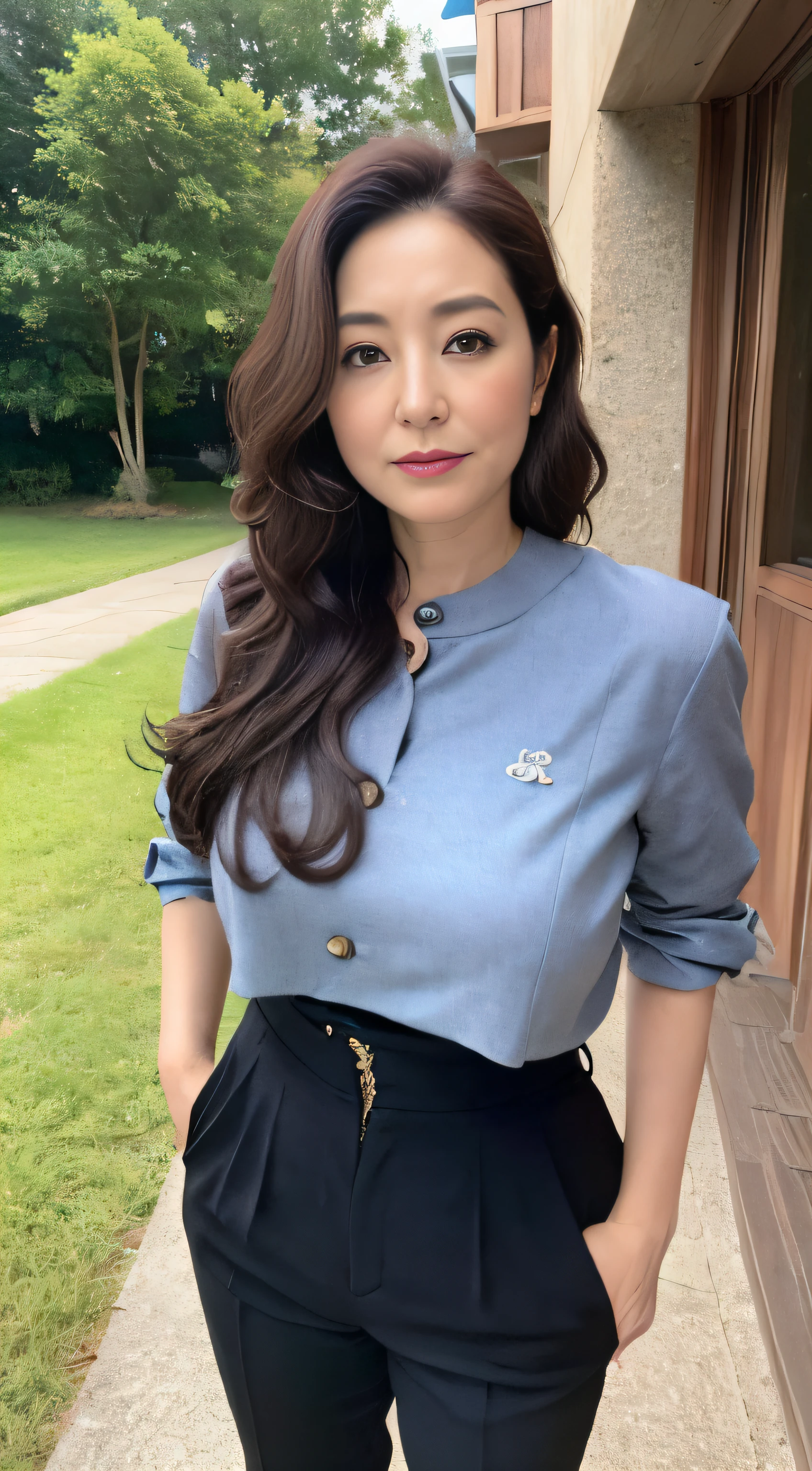 ((midynight, Need, 8K, tmasterpiece:1.3)), full bodyesbian, Long legs, Focalors:1.2, perfect figure beautiful woman:1.4, ((Dark brown hair)), (high-waist pants, standing on your feet:1.2), ((sobu)), Highly detailed facial and skin texture, A detailed eye, 二重まぶた,Beauty,Wavy hair, Wrinkles at the corners of the eyes, to emphasize, ,(Big breasted 1.2),aged 40, Wrinkled eyes,
