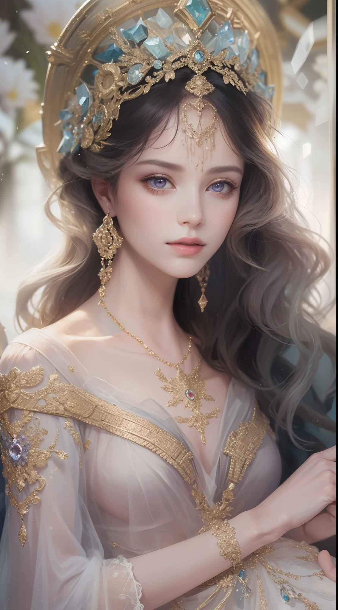 (Best quality,8K,A high resolution,Masterpiece:1.2),Ultra-detailed,(Realistic,Photorealistic,photo-realistic:1.37),Portrait,Creative style artwork,Historical,classical,Sophisticated,plethora of colors,Highly detailed,Soft lighting,luxurious environment,detailed gown,Vibrant flowers,detailed jewellery,Ethereal atmosphere,Elegant Pose,Graceful curves,Gold body proportions,Flowing hair,Breathtaking textile patterns,Harsh purple eyes,Delicate floral decoration,A dazzling array of crystal accessories,Mysterious and dreamy atmosphere,Impeccable attention to detail.
