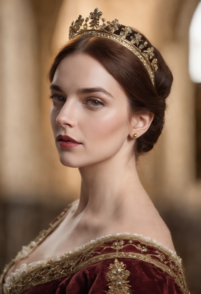 (Best quality,ultra-realistic:1.2),A high resolution,Ultra-detailed,portrait,Wife of King Henry VIII,Toile de fond urbaine,Beaux yeux expressif,beautiful detailed lips,espagnole, cheveux sombre, Beautiful and elegant personality,Sumptuous dress outfit as well as the hairstyle of his time that reflects the royal status. religieux, foi catholique. Tenez-vous en confiance, ,Couleurs de peau olives espagnole.Sculpted skin,Joaillerie,colliers croix catholique,Contexte historique,Calm and powerful manners,Dark black and gold color scheme,maquillage naturel,glowing complexion,Ornate crown,Royal and elegant presence,Expression sereine,Improve facial features,Des cheveux de luxe fluides.Face to face the screen. Gaze fixed on the screen.