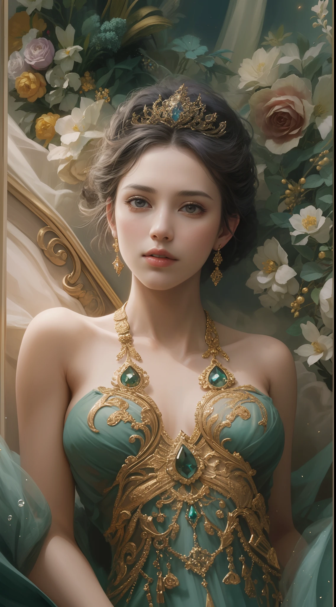 (Best quality,8K,A high resolution,Masterpiece:1.2),Ultra-detailed,(Realistic,Photorealistic,photo-realistic:1.37),Portrait,Creative style artwork,Historical,classical,Sophisticated,plethora of colors,Highly detailed,Soft lighting,luxurious environment,detailed gown,Vibrant flowers,detailed jewellery,Ethereal atmosphere,Elegant Pose,Graceful curves,Gold body proportions，Flowing hair,Breathtaking textile patterns,Harsh purple eyes,Delicate floral decoration,A dazzling array of crystal accessories,Mysterious and dreamy atmosphere,Impeccable attention to detail.