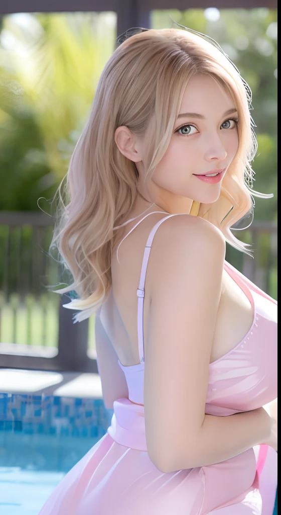 mix 4, (16K, RAW photo, highest quality, masterpiece: 1.45), (realistic, photorealistic: 1.37), Kitagawa Marine, (blonde hair, pink gradient hair:1.5), ((long hair:1.2, Sink bangs,colorful hair, red eyes,Natural makeup,pink eyeshadow)),pose like a model,((bold pose))、lying down、japanese woman, 18-year-old,high school student、model body shape, (big breasts:1.3), thin waist, beautiful face, beautiful eyes, , jewelry,earrings, black choker, smile, cowboy shot, 1 girl, alone, detailed face and eyes, upper body photo. realistic, realistic.MarinGyaru,bikini、blue sky、Poolside、On the bench