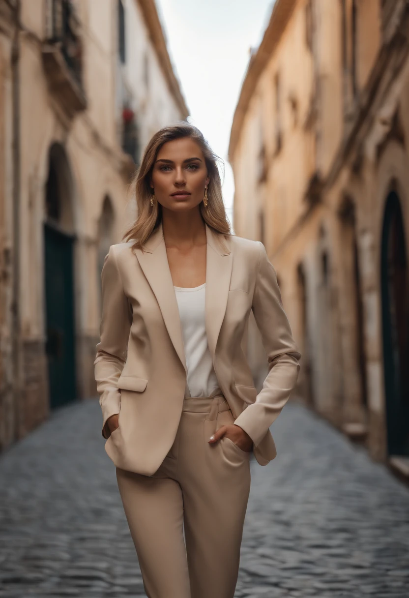 Foto de la parte superior del cuerpo de una mujer rubia de ojos azules con un blazer beige y pantalones de negocios beige de pie en una casa de lujo de estilo europeo., Ropa de negocios, Panoramic view of the city, Foto RAW, Piel altamente detallada ,8k UHD, DSLR, Soft lighting, alta calidad, Film grain, Fujifilm XT3.