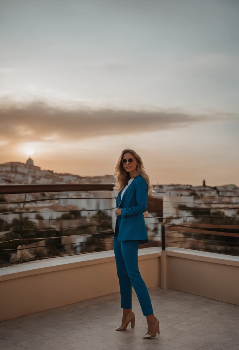 Foto de la parte superior del cuerpo de una mujer rubia de ojos azules con un blazer beige y pantalones de negocios beige de pie en una casa de lujo de estilo europeo., Ropa de negocios, Panoramic view of the city, Foto RAW, Piel altamente detallada ,8k UHD, DSLR, Soft lighting, alta calidad, Film grain, Fujifilm XT3.