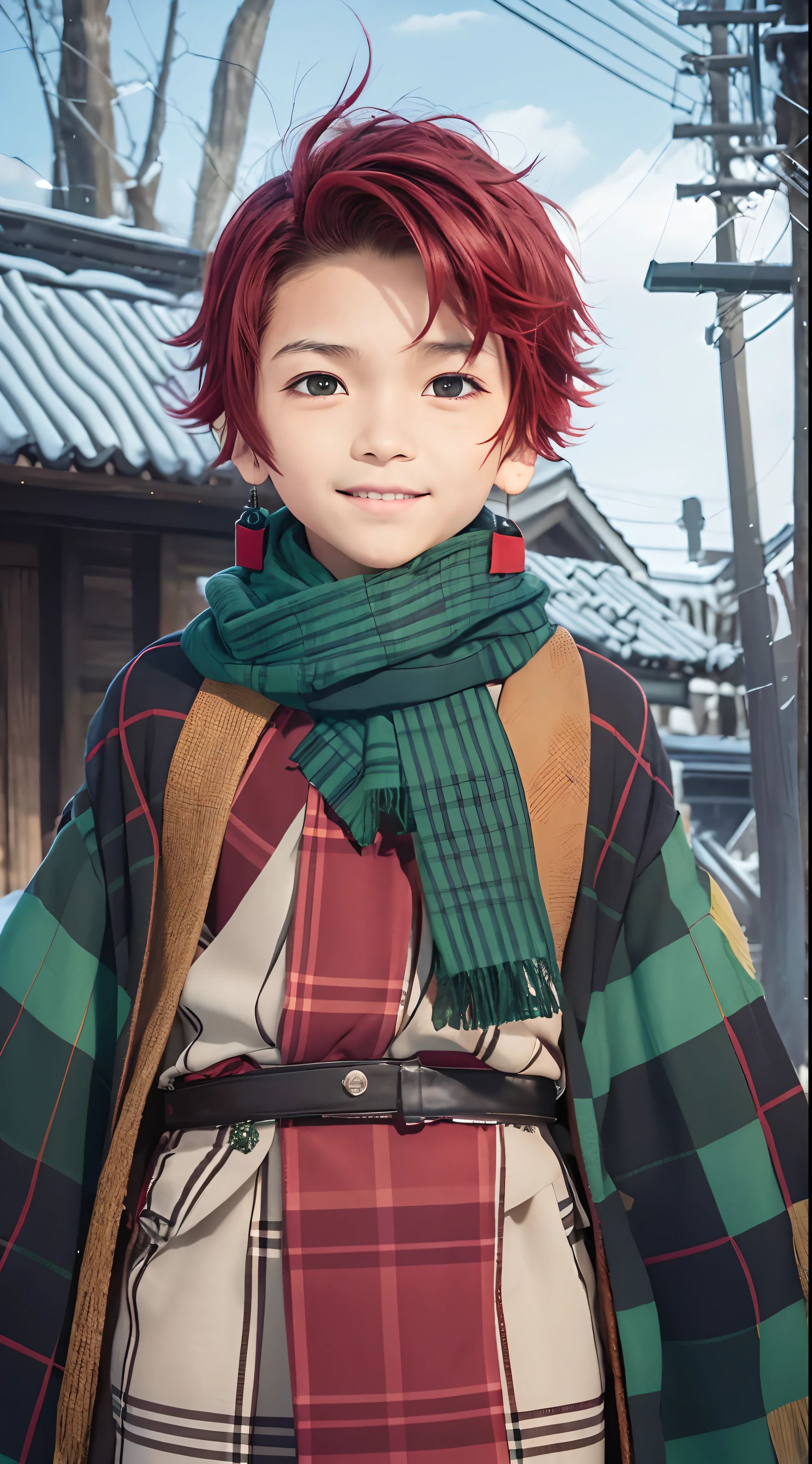 Tanjiro Kamado,1 boy,(Short red hair),Black and green plaid haori,(blue scarf),masutepiece,Best Quality,Solo,A smile、cowboy  shot、Boy