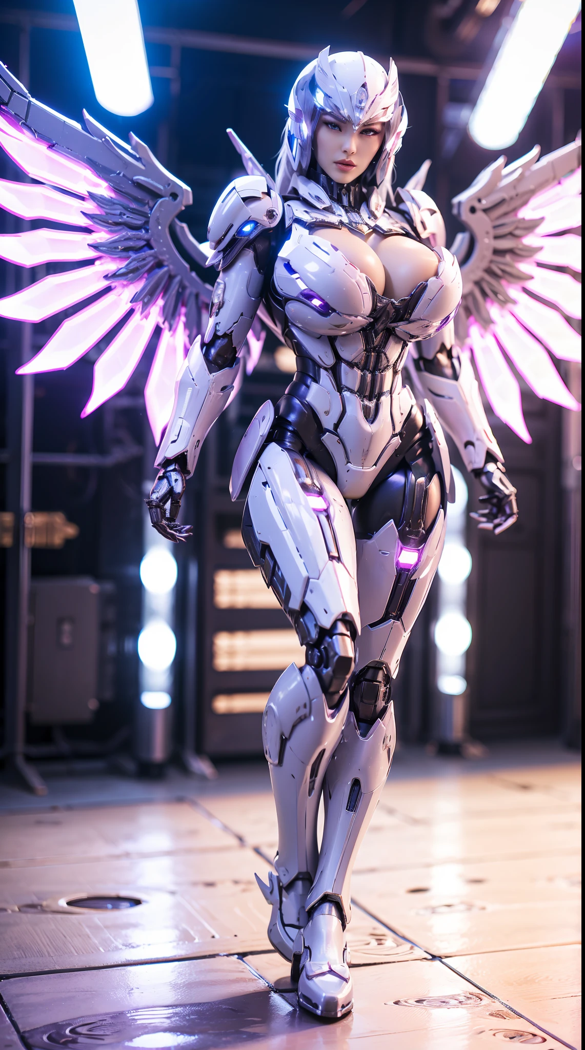HUGE FAKE BOOBS, (BEAUTIFUL PURPLE, WHITE), FUTURISTIC ANGEL ARMOR GEAR, FUTURISTIC MECHA SUIT, (CLEAVAGE), ((LARGEST MECHANICAL ANGEL WINGS)), (TALL LEGS), FRONT, (STANDING), SEXY BODY, MUSCLE ABS, UHD, 8K, 1080P.
