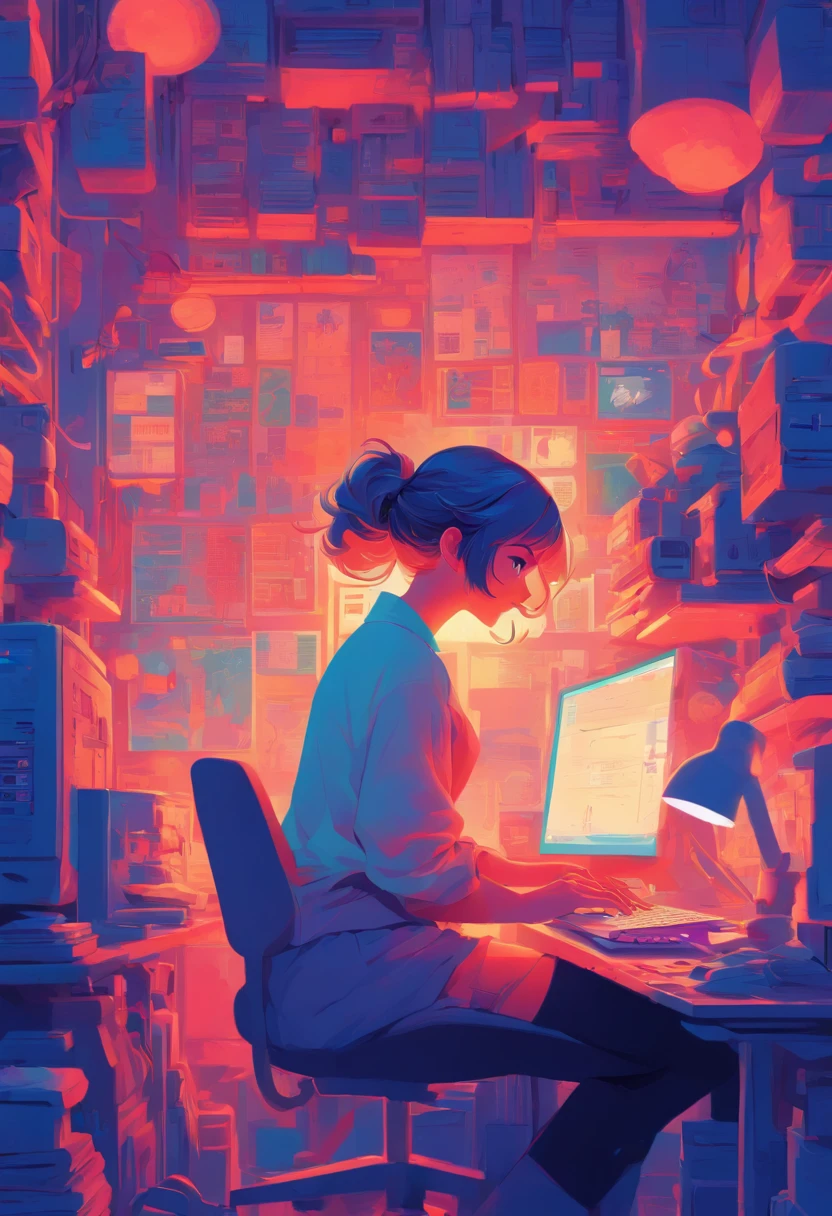 illustration of a woman working on a computer through a room with various objects, editorial illustration pastelcolor, in style of james gilleard, illustration style, james gilleard artwork, flat illustration, in style of digital illustration, magazine illustrations, editorial illustration, digital illustration -, #illustration, magazine illustration, inspired by James Gilleard, modern illustration, illustration | rutkowski, stylized digital illustration