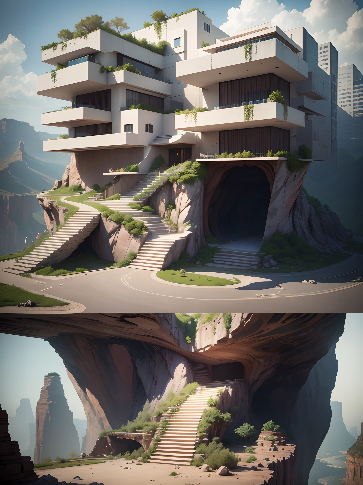 Command: ``/create prompt:Futuristic design of cave  architecture interiors concept art on grand Canyon caves nature architecture, proportional,detailed, cave architecture nature meets futuristic architecture by Toyo Ito and Philip Johnson ,residential area, futuristic development, high rise made up staircases, balconies, full of rock and glass facades, residential spaces carved from cliff side ,trending on artstation, beautiful lighting,In the style of Jean Nouvel   masterpiece, fantasy, intricate, award winning, 4k, highest quality render   model:Real``