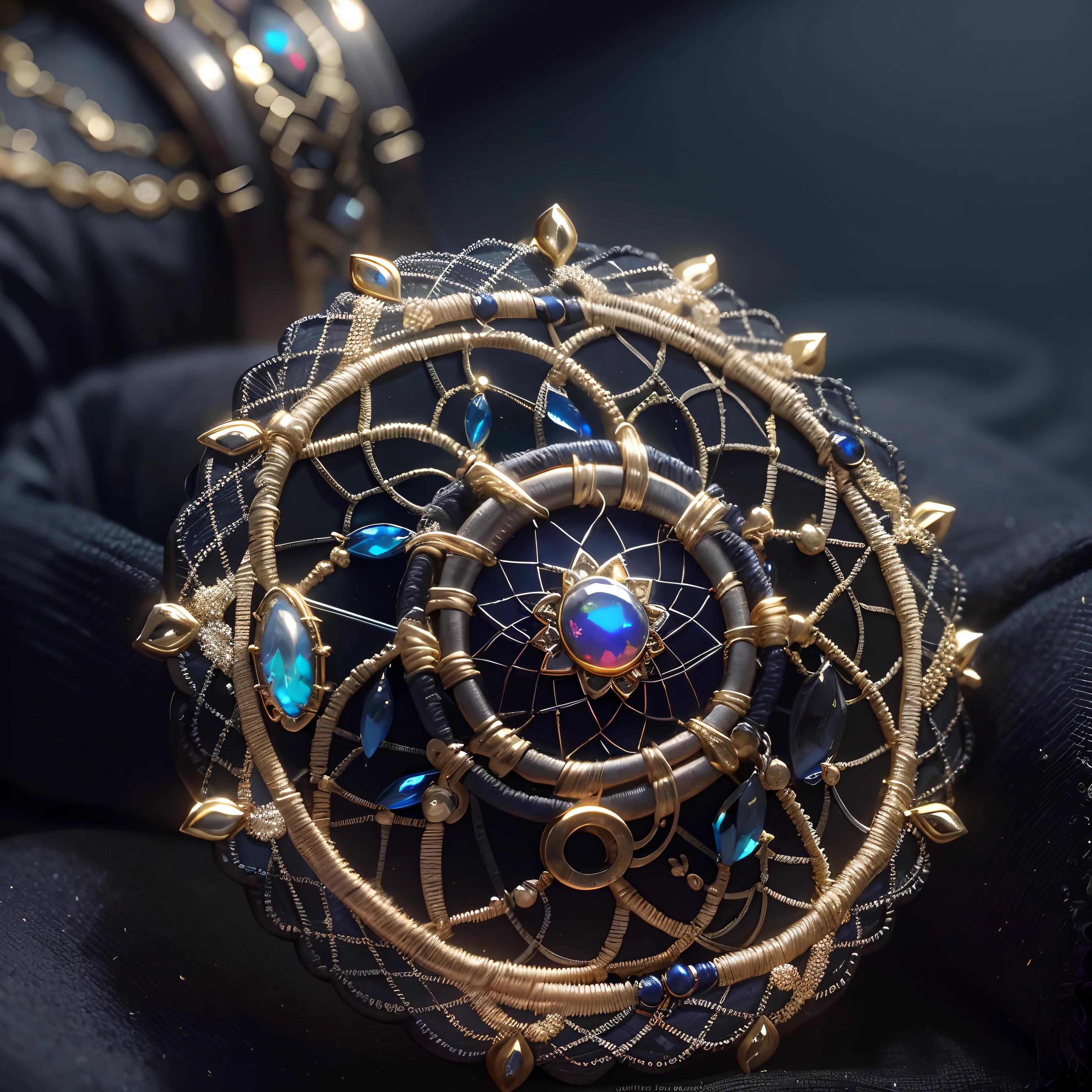 {[Black Opal：1.8]}
Close-up of gold thread woven into a pendant, Handmade, Brak gold thread mesh weaving process, European style, dreamlike quality, small and exquisite, Precise lines, Noble, Amazing, Details, Delicate light and shadow,