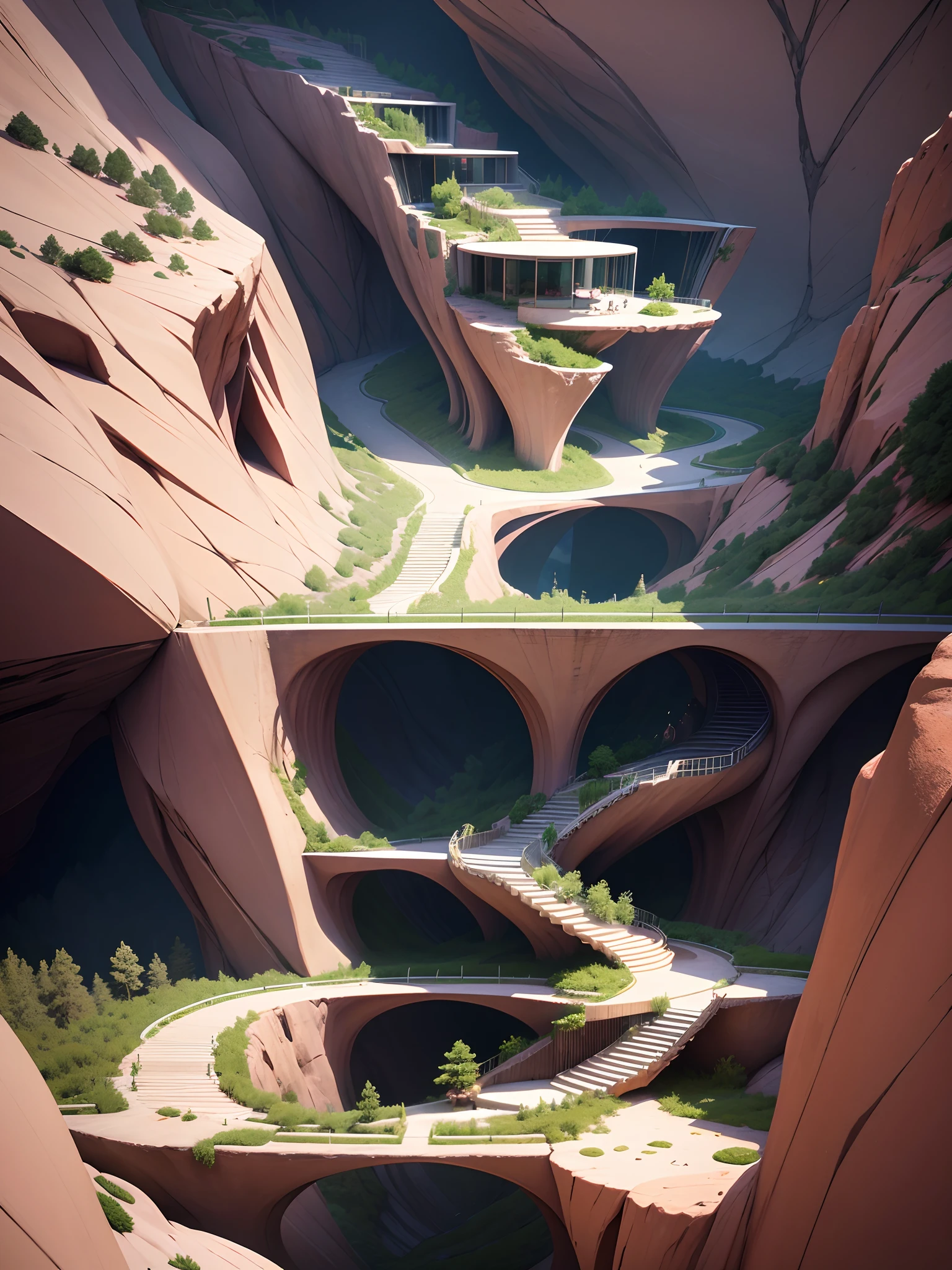 Command: ``/create prompt:Futuristic design of cave architecture interiors concept art on grand Canyon caves nature architecture, proportional,detailed, cave architecture nature meets futuristic architecture by Toyo Ito and Philip Johnson ,residential area, futuristic development, high rise made up staircases, balconies, full of rock and glass facades, residential spaces carved from cliff side ,trending on artstation, beautiful lighting,In the style of Jean Nouvel masterpiece, fantasy, intricate, award winning, 4k, highest quality render model:Real``