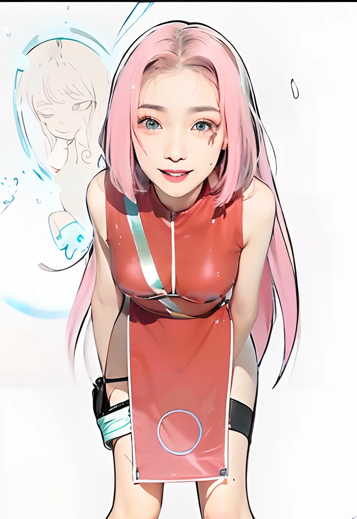 masterpiece、top-quality、超A high resolution、(photographrealistic:1.4)、((1girl in、White fair skin:1.4、kneeling to、From above、Look up at your audience、close up of face、age19、spotless、cute little、A dark-haired、bob_cut、shorth hair、small tits:1.6))(Bikini swimwear:1.3、Simple blue and black two-tone swimsuit、Glossy shiny shiny swimsuit、Glossy swimsuit with reflective surfaces、Dripping wet body:1.2)(portrait of japanese famous actress)、(a smile、happiness、joy、jolly、closes mouth)、(Hold your breasts between your arms and pull your breasts closer)、High detailed eyes、Really snow-white background、long neck、bangss、Lashes、Big eyes