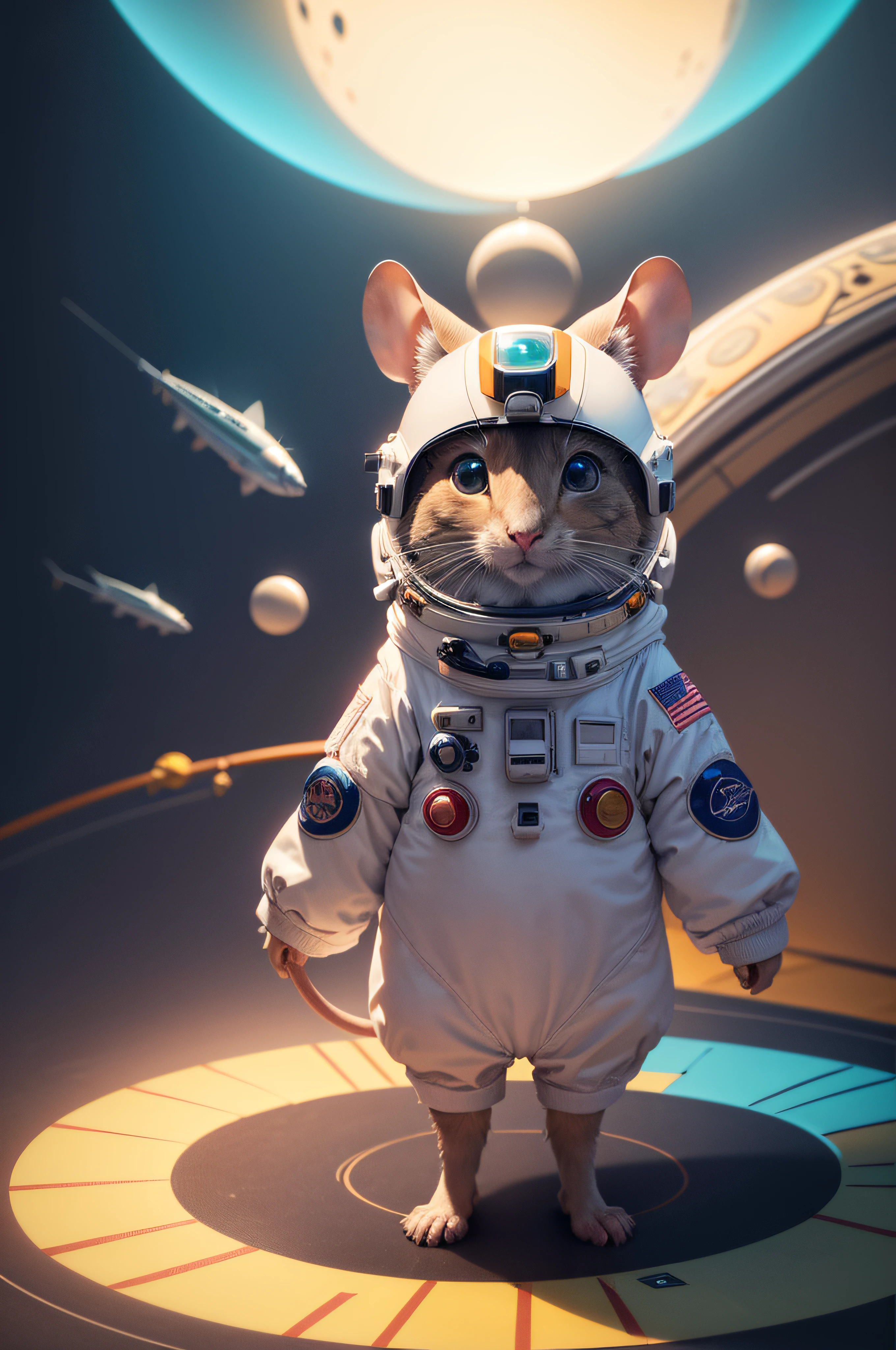 Perfect centralization, mouse bonito, astronauta, alegria, Standing position, beleza abstrata, Centrado, looking at the camera, Facing the camera, nearing perfection, Dynamic, altamente detalhado, liso, foco nítido, 8k, high-definition resolution